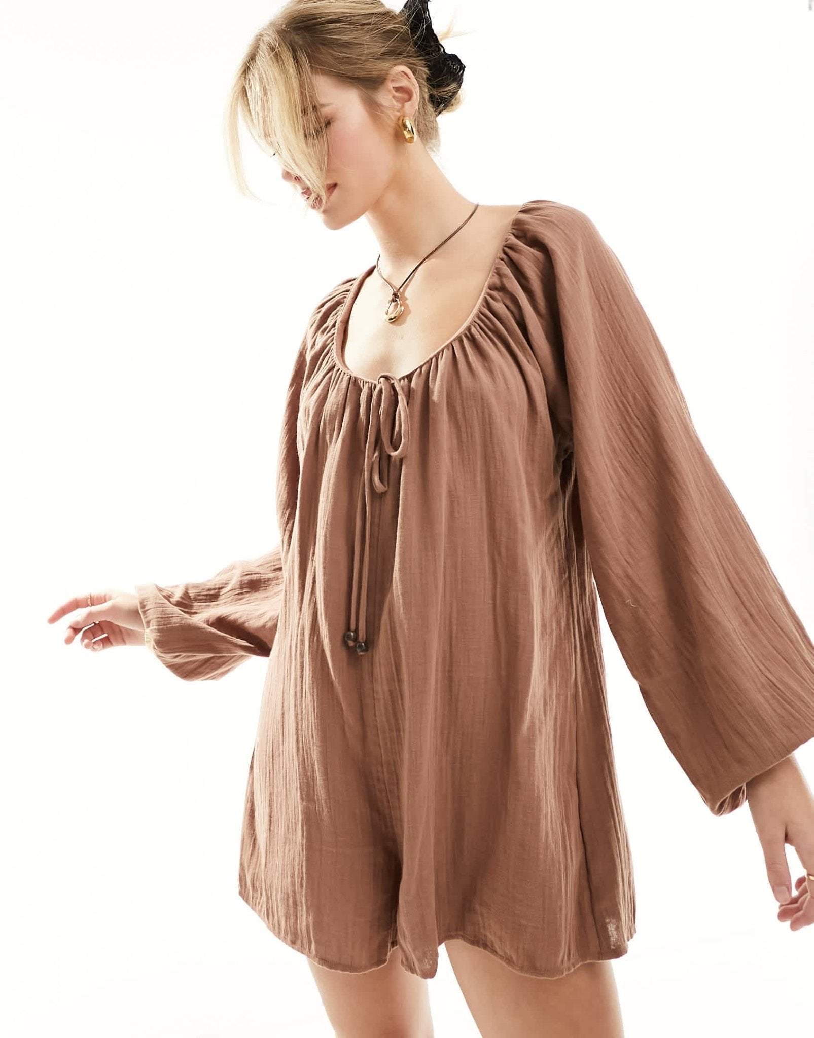ASOS DESIGN long Sleeve romper playsuit with bead detailing in brown - ASOS Sample Sale EU Store