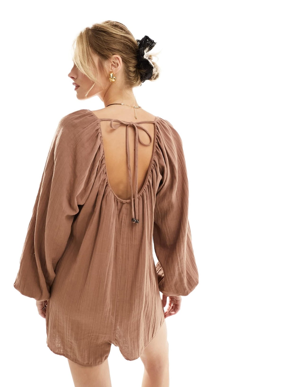 ASOS DESIGN long Sleeve romper playsuit with bead detailing in brown - ASOS Sample Sale EU Store