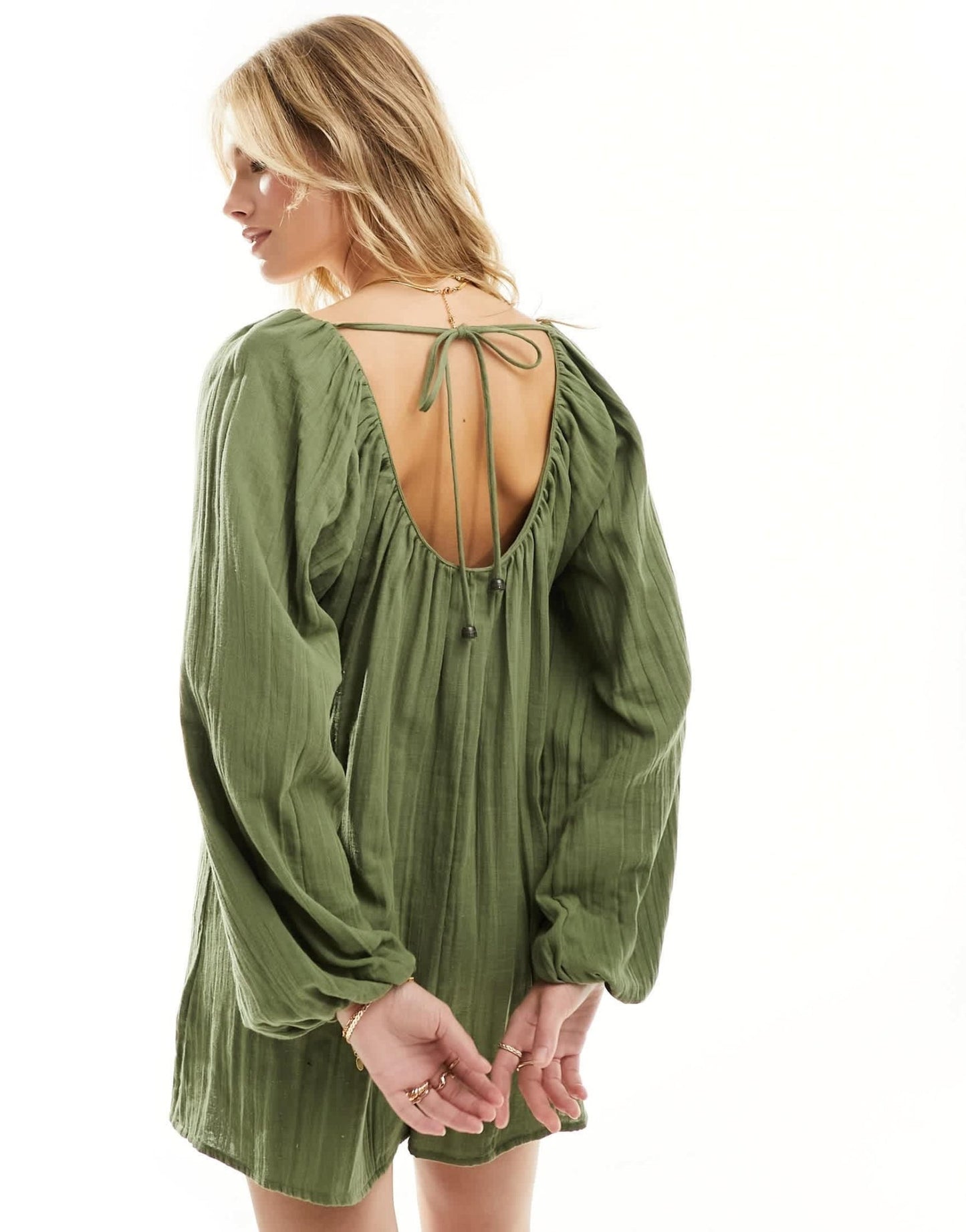 ASOS DESIGN long sleeve romper playsuit with bead detailing in khaki - ASOS Sample Sale EU Store