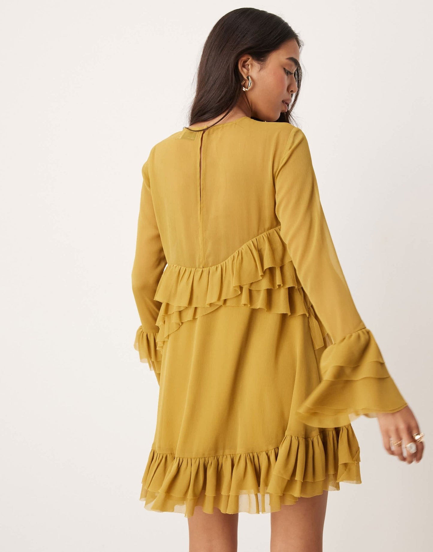 ASOS DESIGN long sleeve ruffle tiered mini dress in ochre - ASOS Sample Sale EU Store