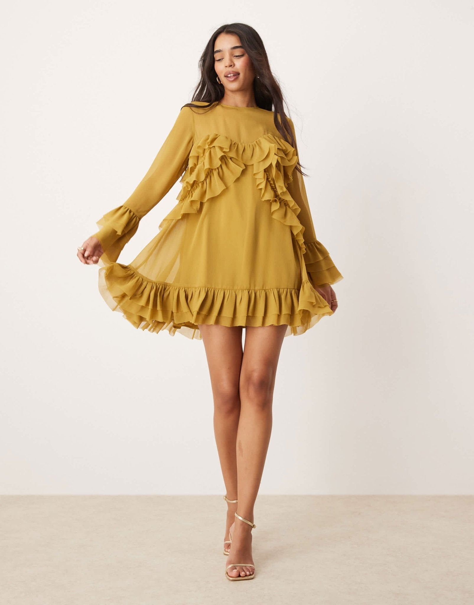 ASOS DESIGN long sleeve ruffle tiered mini dress in ochre - ASOS Sample Sale EU Store