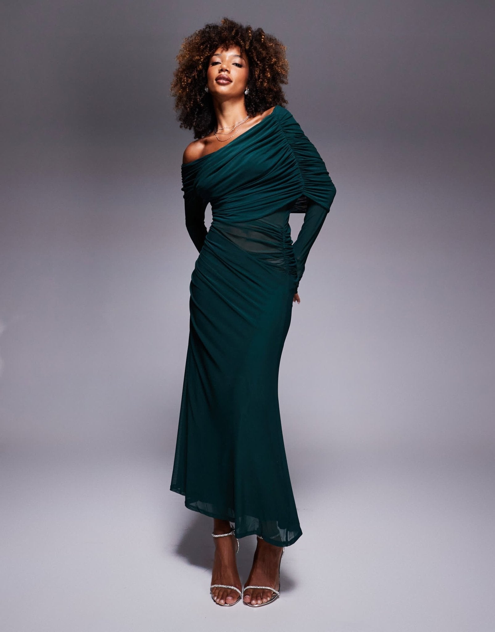ASOS DESIGN long sleeve slouchy bardot mesh mix maxi dress in bottle green - ASOS Sample Sale EU Store