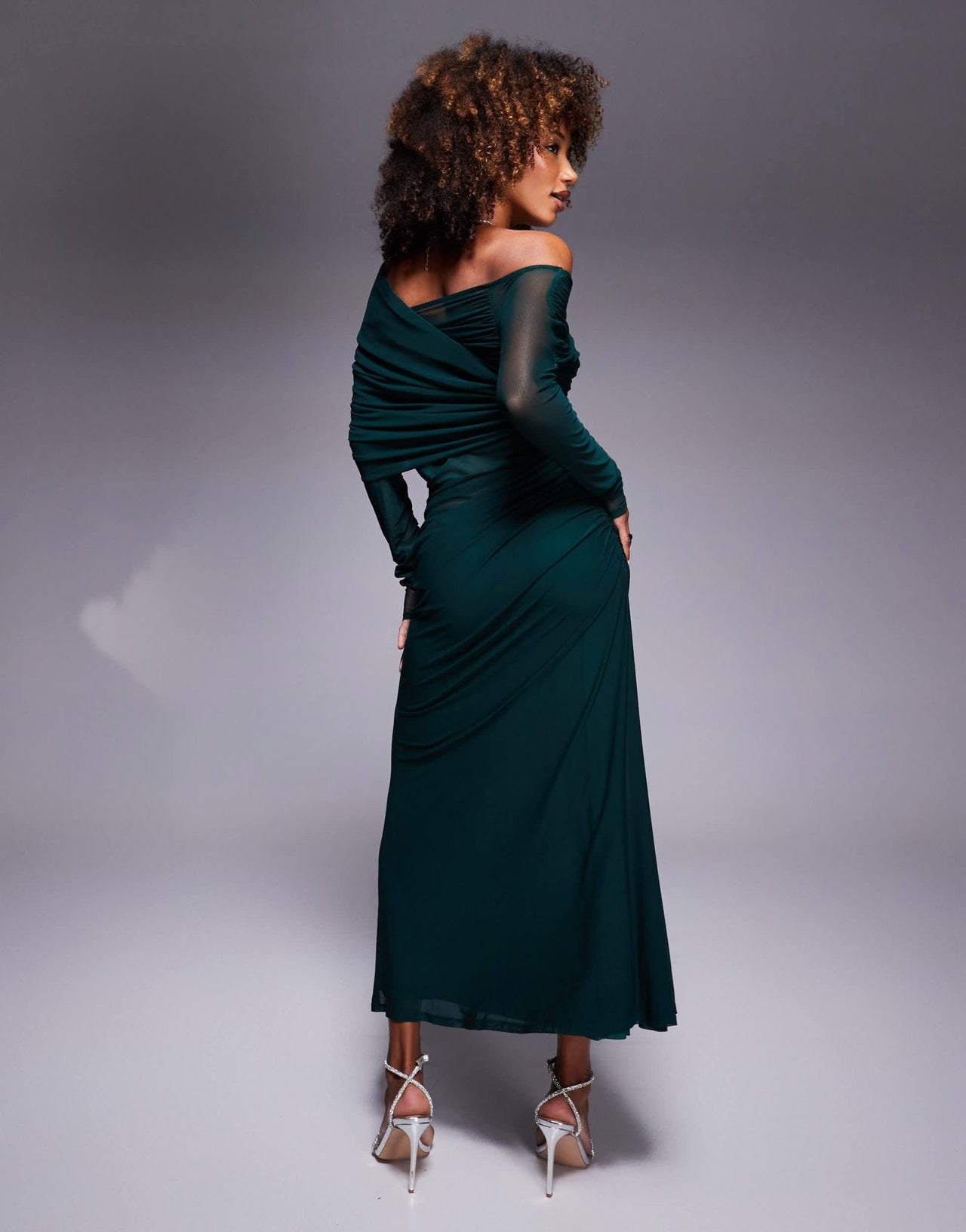 ASOS DESIGN long sleeve slouchy bardot mesh mix maxi dress in bottle green - ASOS Sample Sale EU Store