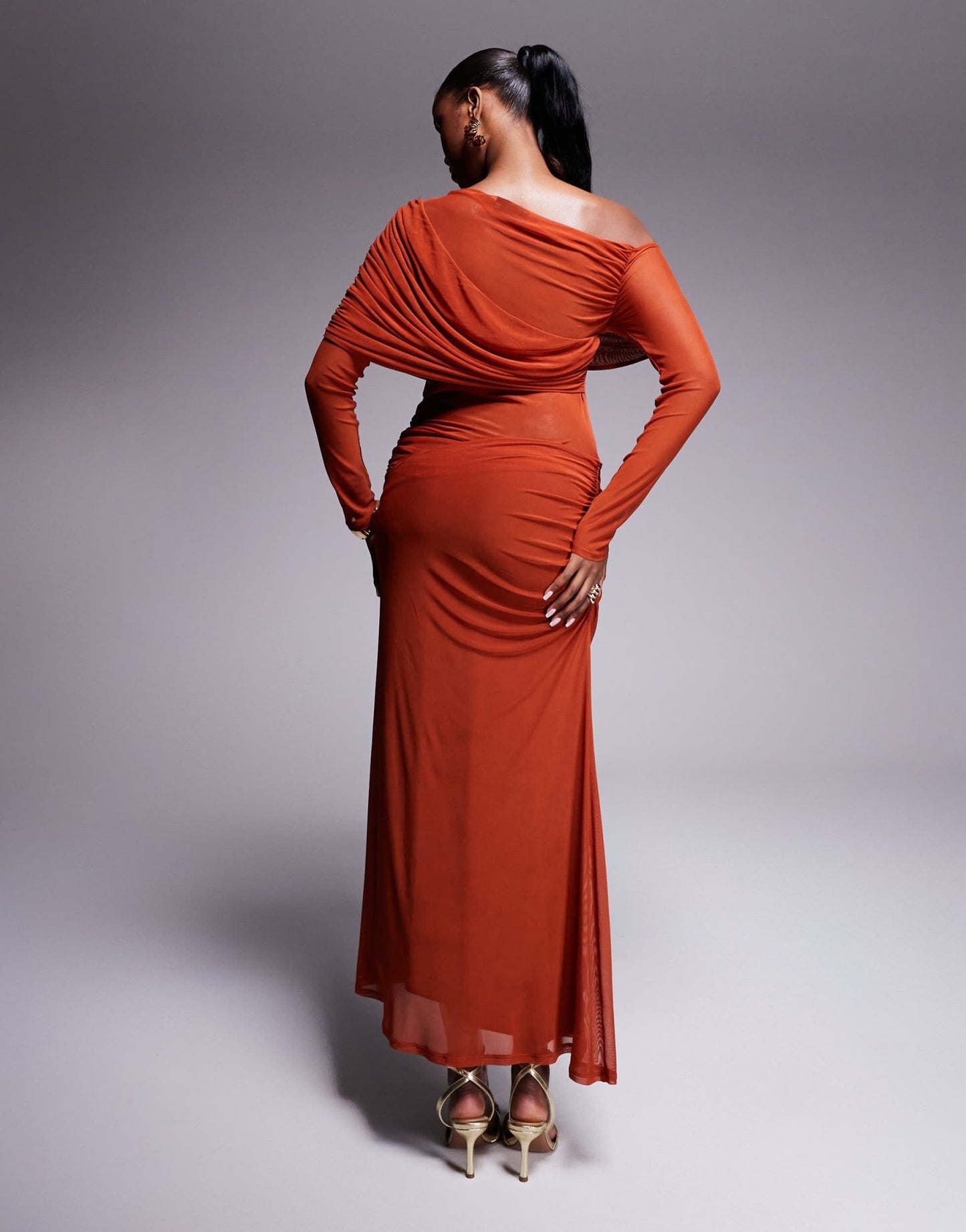 ASOS DESIGN long sleeve slouchy bardot mesh mix maxi dress in rust - ASOS Sample Sale EU Store