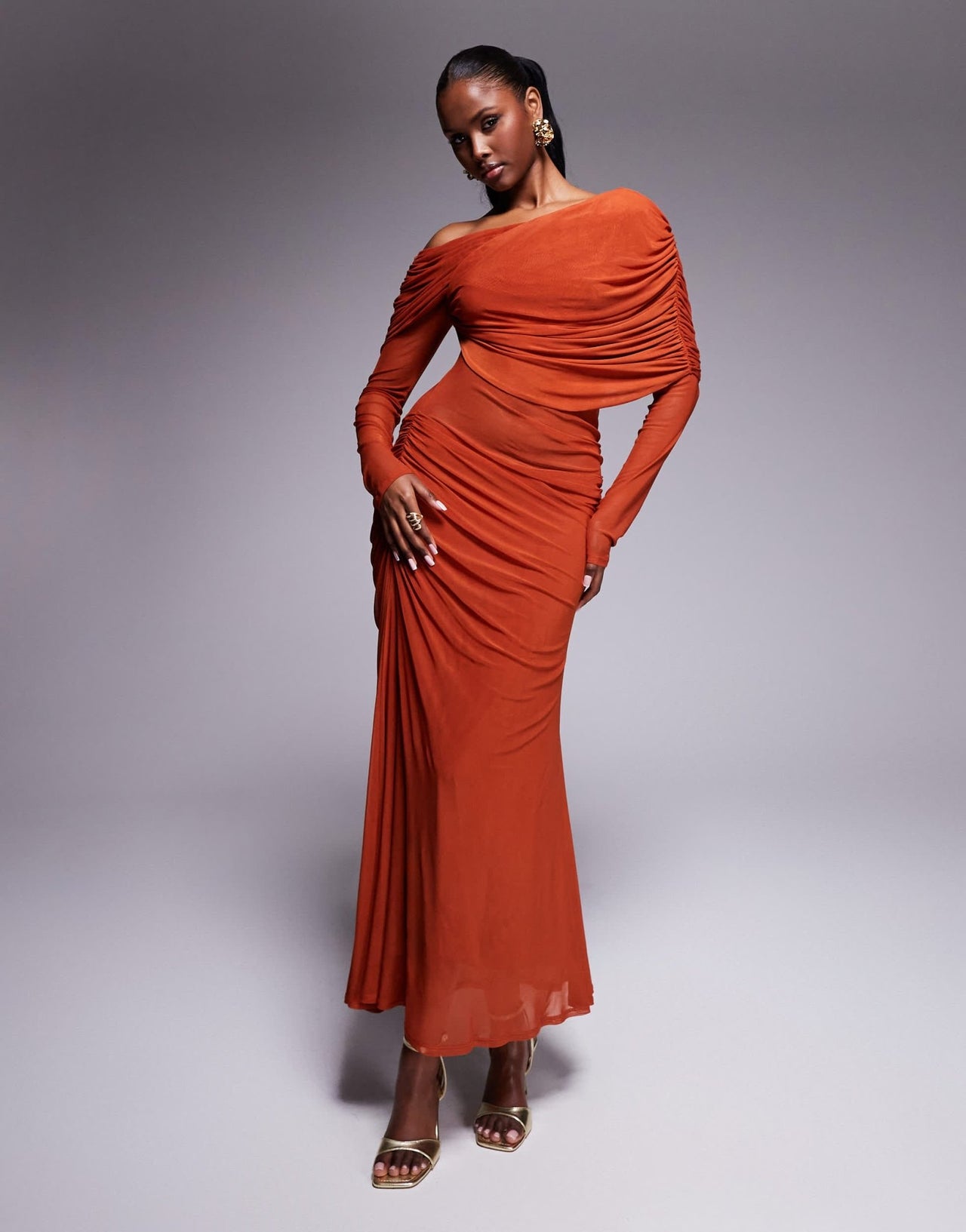 ASOS DESIGN long sleeve slouchy bardot mesh mix maxi dress in rust - ASOS Sample Sale EU Store