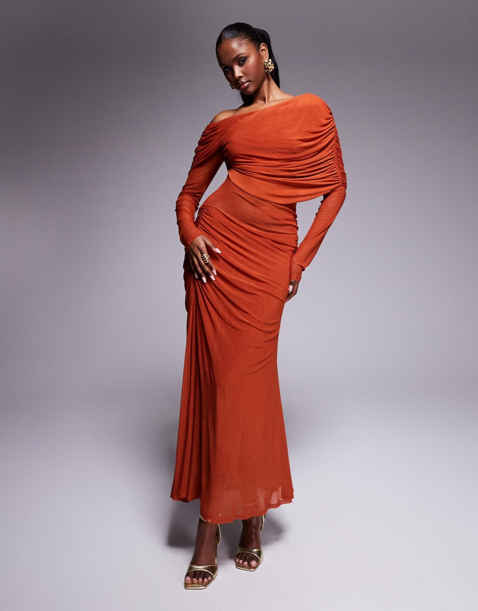 ASOS DESIGN long sleeve slouchy bardot mesh mix maxi dress in rust - ASOS Sample Sale EU Store