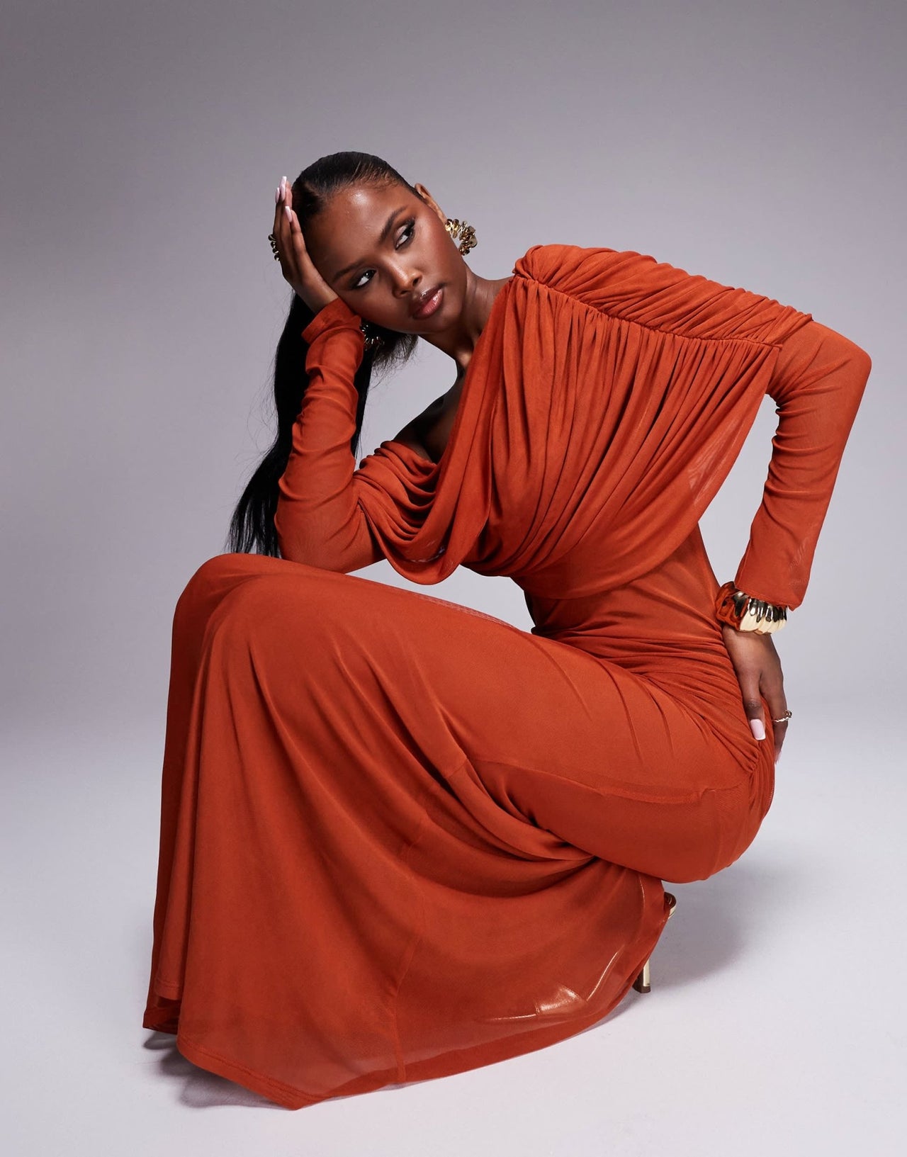 ASOS DESIGN long sleeve slouchy bardot mesh mix maxi dress in rust - ASOS Sample Sale EU Store