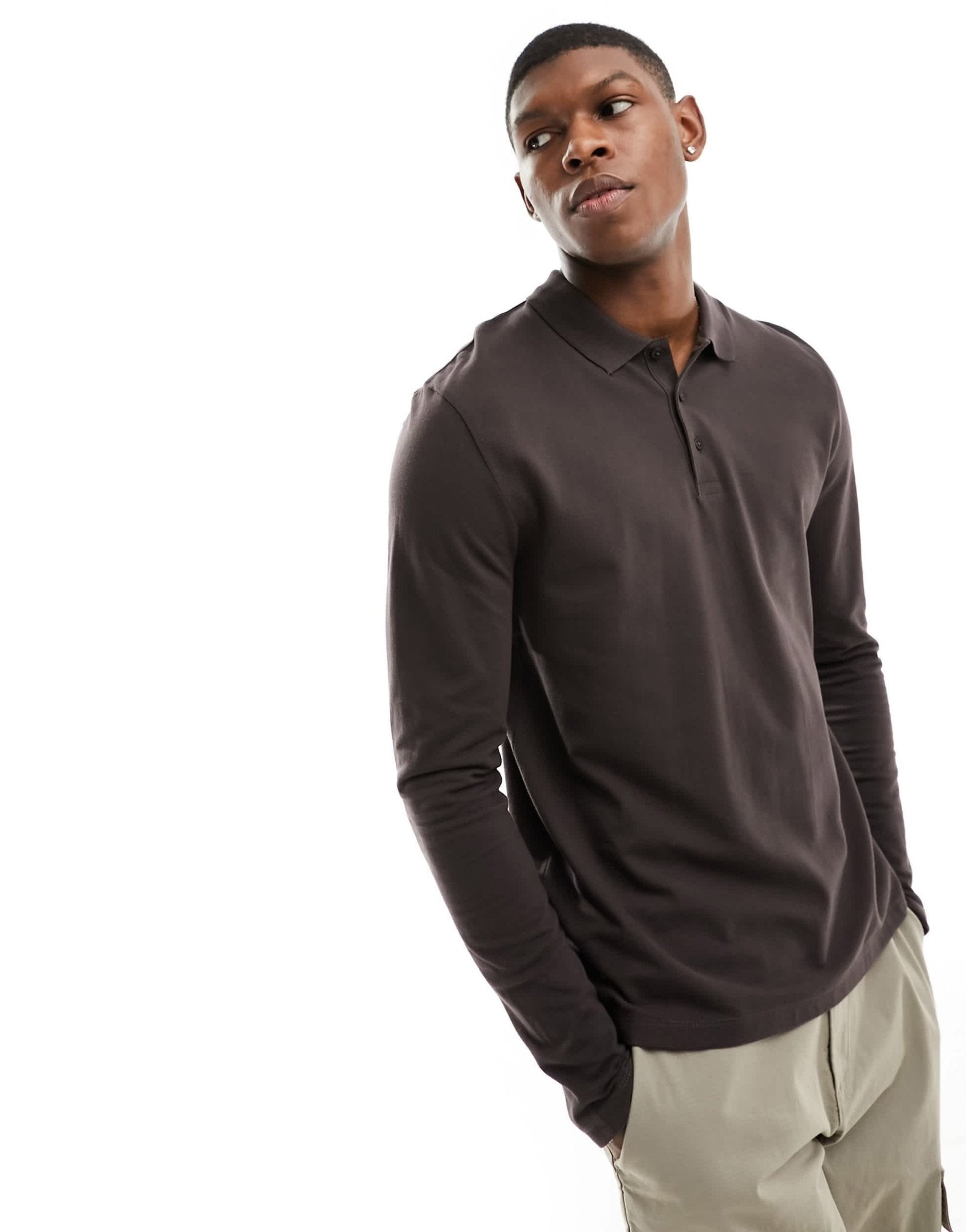 ASOS DESIGN long sleeve smart pique polo in brown - ASOS Sample Sale EU Store