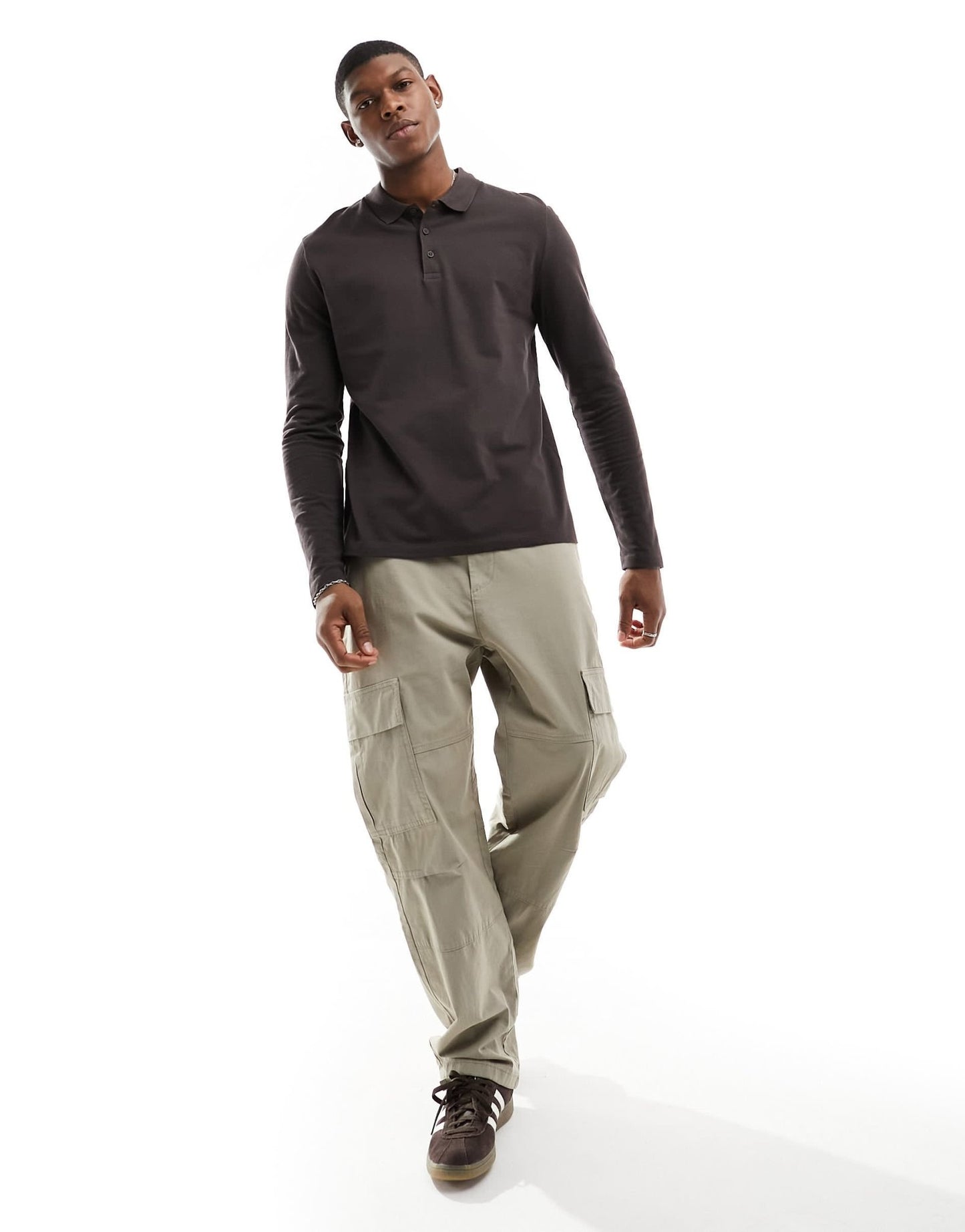 ASOS DESIGN long sleeve smart pique polo in brown - ASOS Sample Sale EU Store