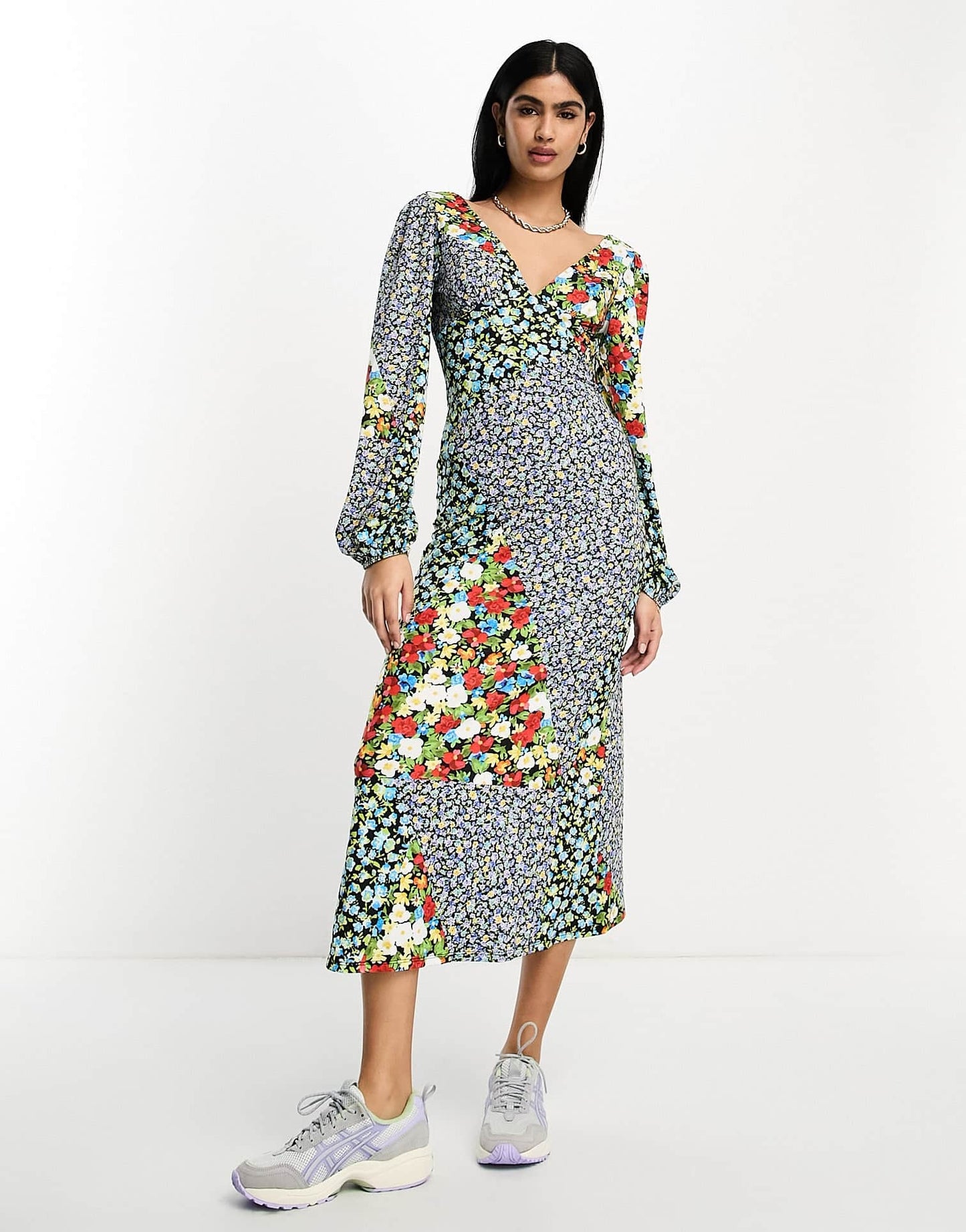 ASOS DESIGN long sleeve v neck midi dress in mixed print - ASOS Sample Sale EU Store
