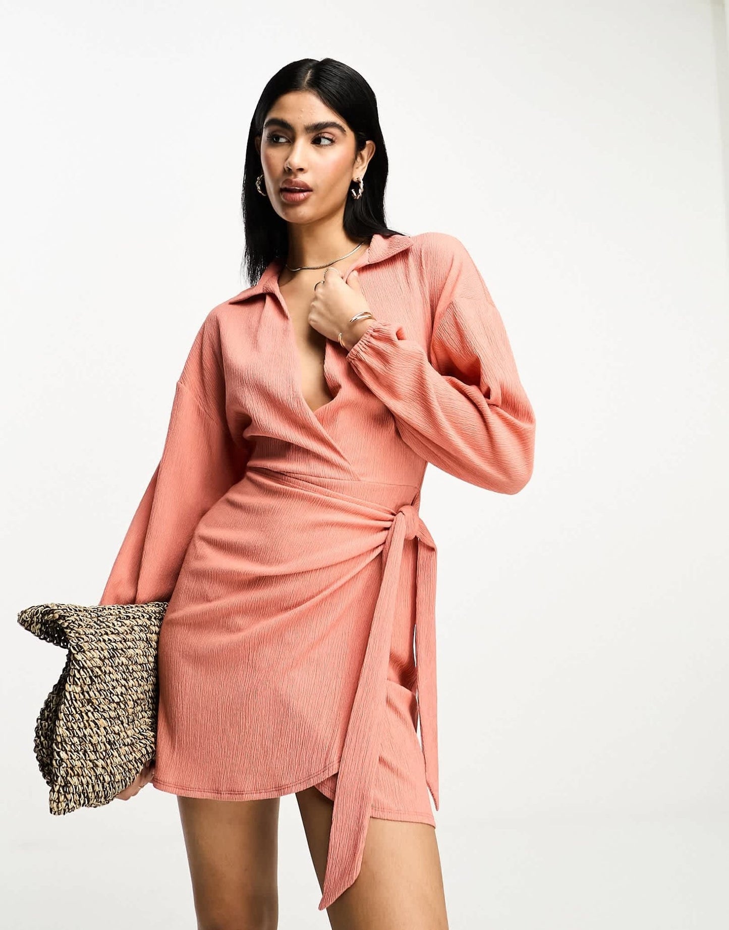 ASOS DESIGN long sleeve v neck wrap mini dress in rust - ASOS Sample Sale EU Store