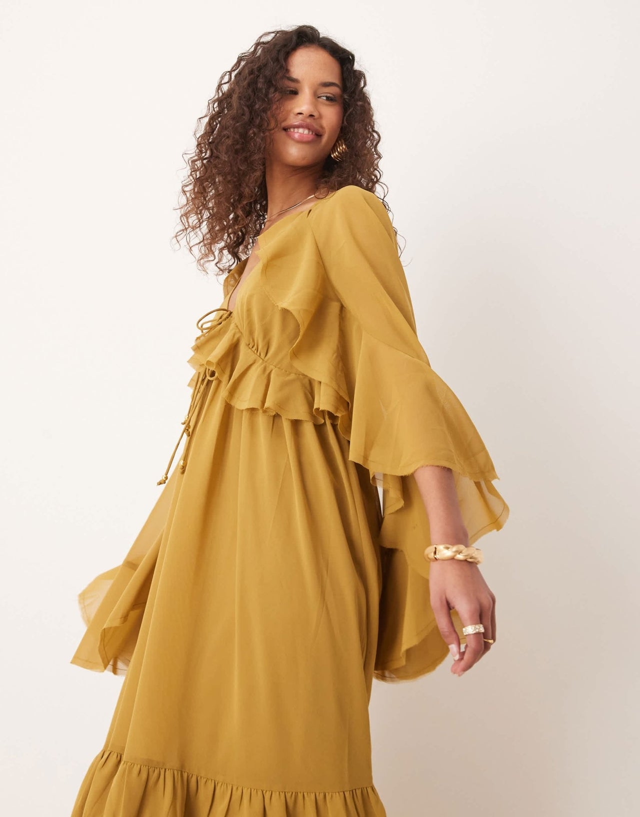 ASOS DESIGN long sleeved v neck midaxi dress with tie details in olive - ASOS Sample Sale EU Store