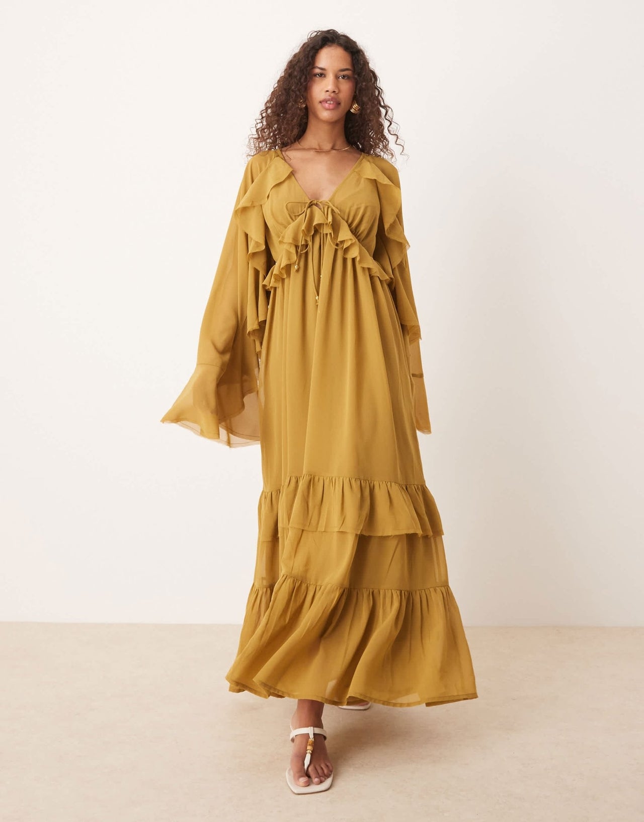 ASOS DESIGN long sleeved v neck midaxi dress with tie details in olive - ASOS Sample Sale EU Store