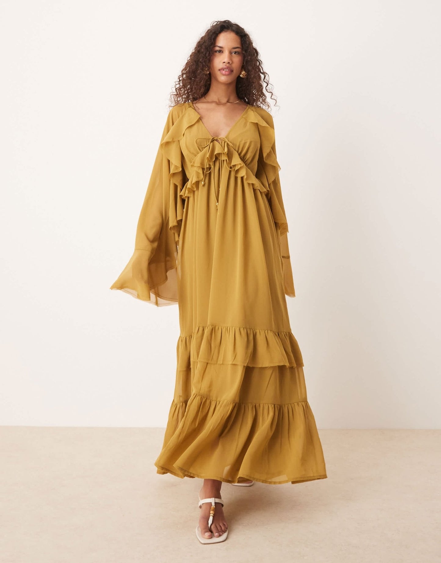 ASOS DESIGN long sleeved v neck midaxi dress with tie details in olive - ASOS Sample Sale EU Store
