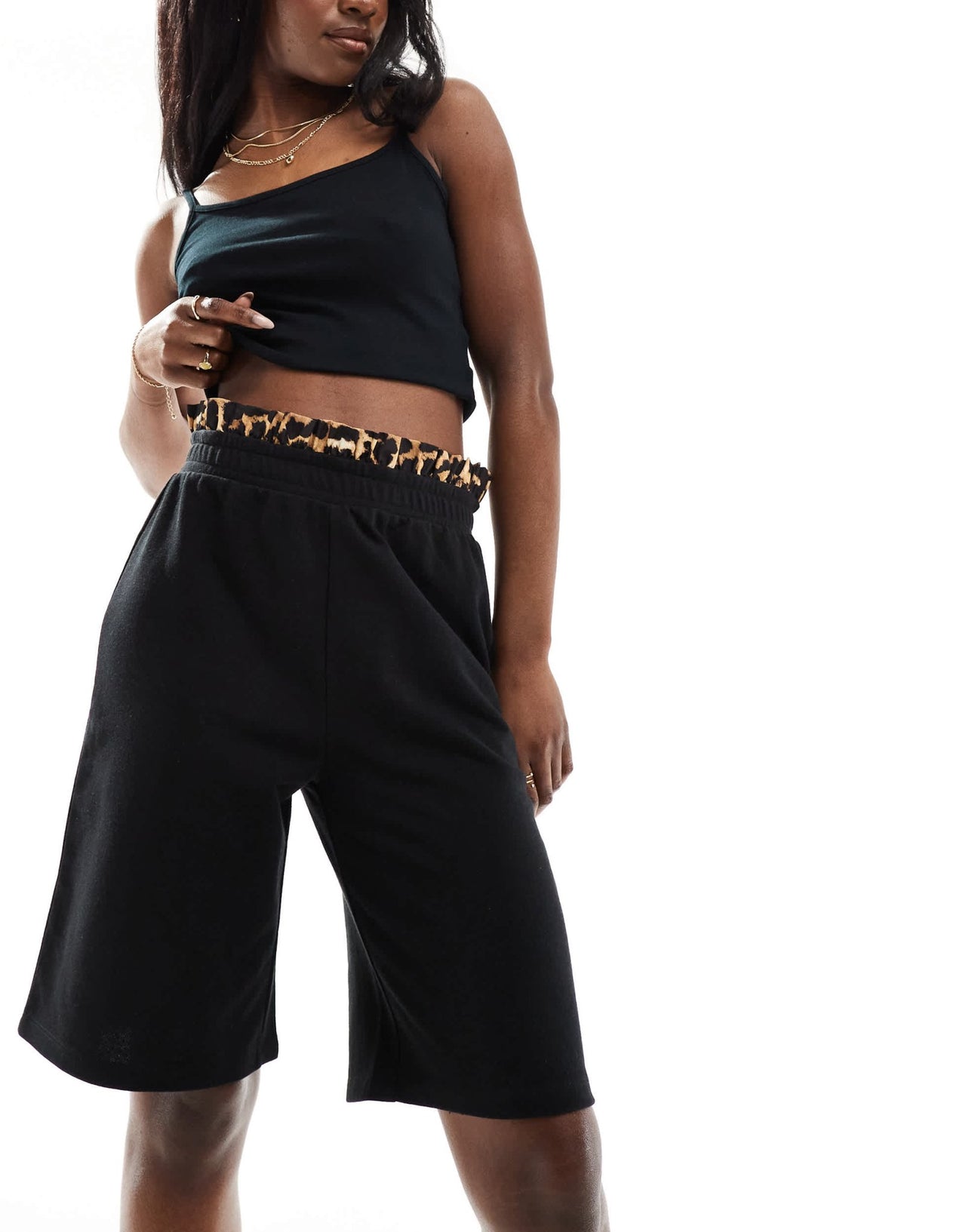ASOS DESIGN longline shorts with leopard waistband in black - ASOS Sample Sale EU Store