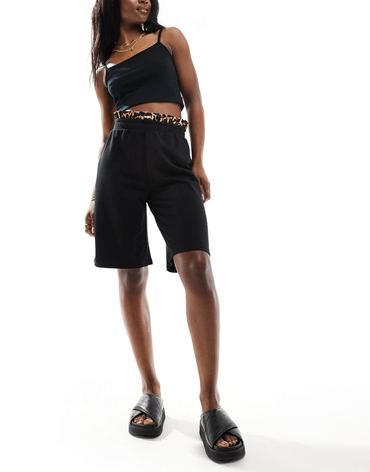 ASOS DESIGN longline shorts with leopard waistband in black - ASOS Sample Sale EU Store
