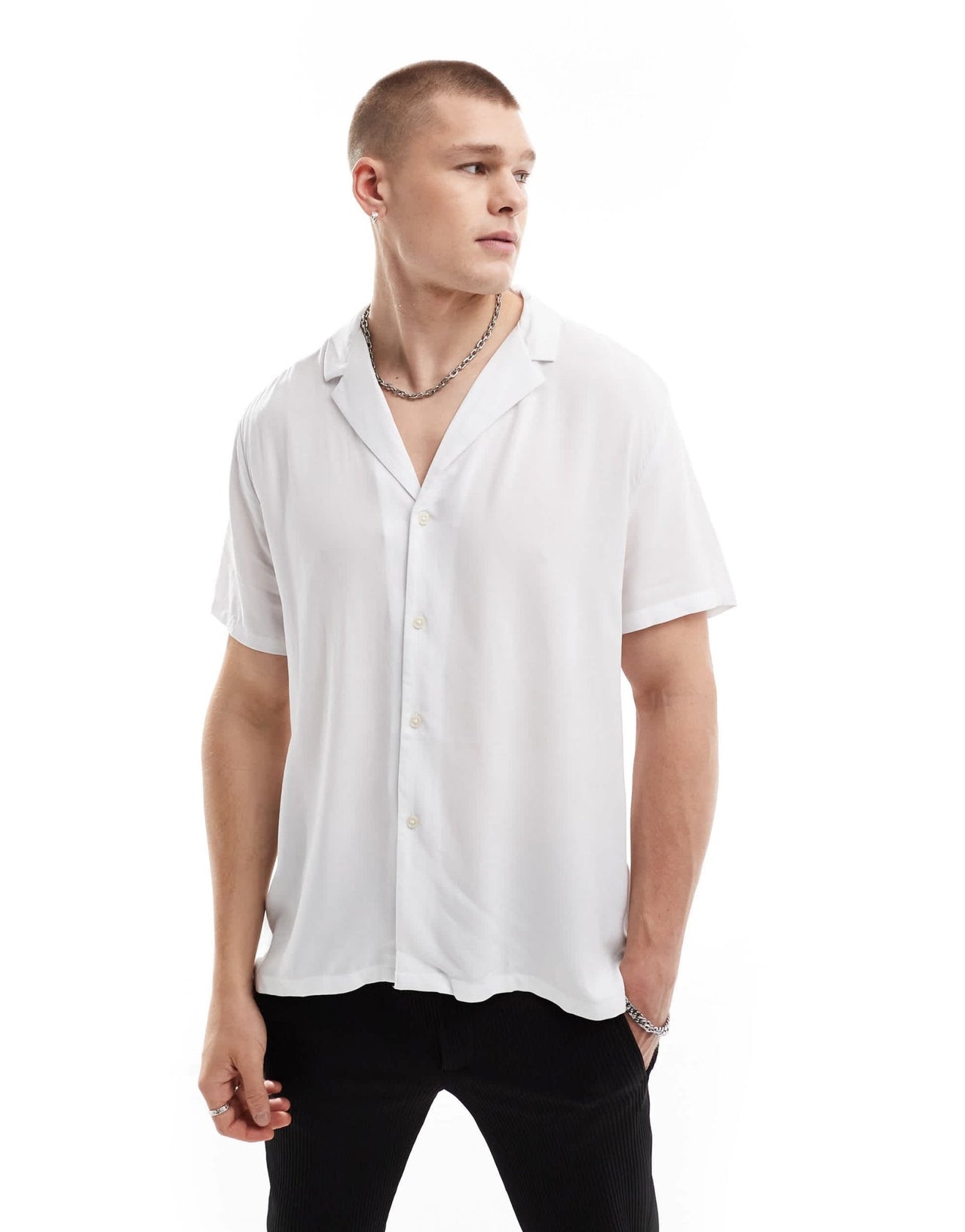ASOS DESIGN loose fit viscose shirt with low revere collar in white - ASOS Sample Sale EU Store