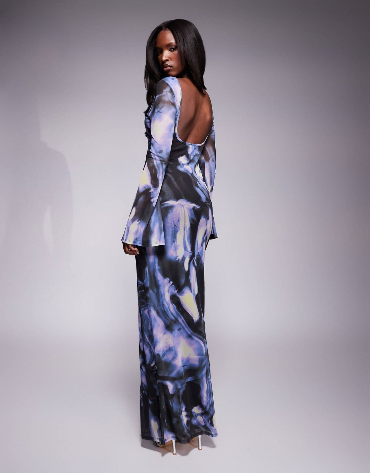 ASOS DESIGN low back floral mesh maxi dress with angel sleeves in blue abstract print - ASOS Sample Sale EU Store
