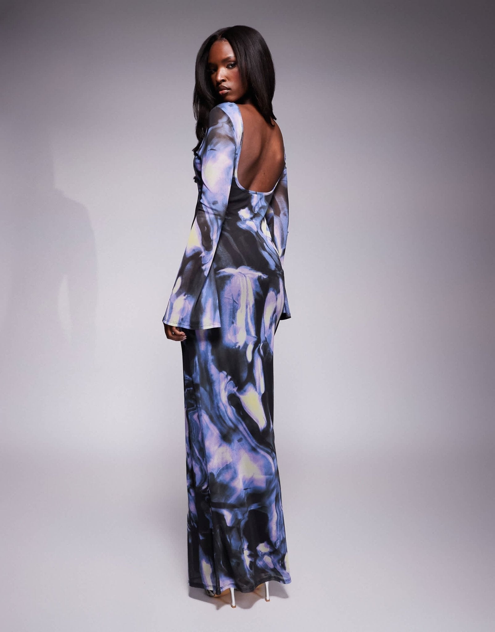 ASOS DESIGN low back floral mesh maxi dress with angel sleeves in blue abstract print - ASOS Sample Sale EU Store