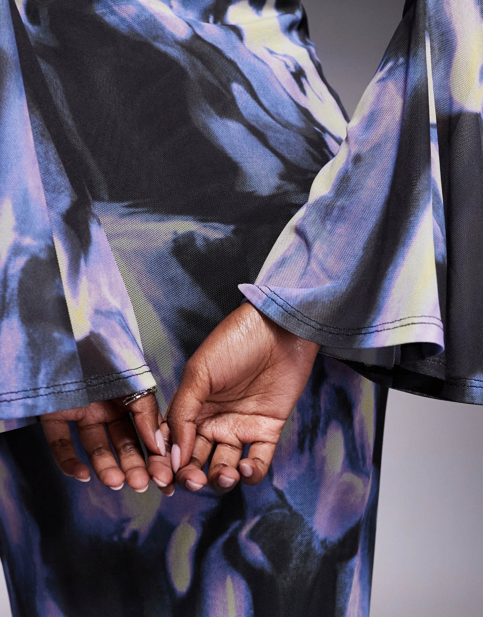 ASOS DESIGN low back floral mesh maxi dress with angel sleeves in blue abstract print - ASOS Sample Sale EU Store