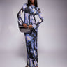 ASOS DESIGN low back floral mesh maxi dress with angel sleeves in blue abstract print