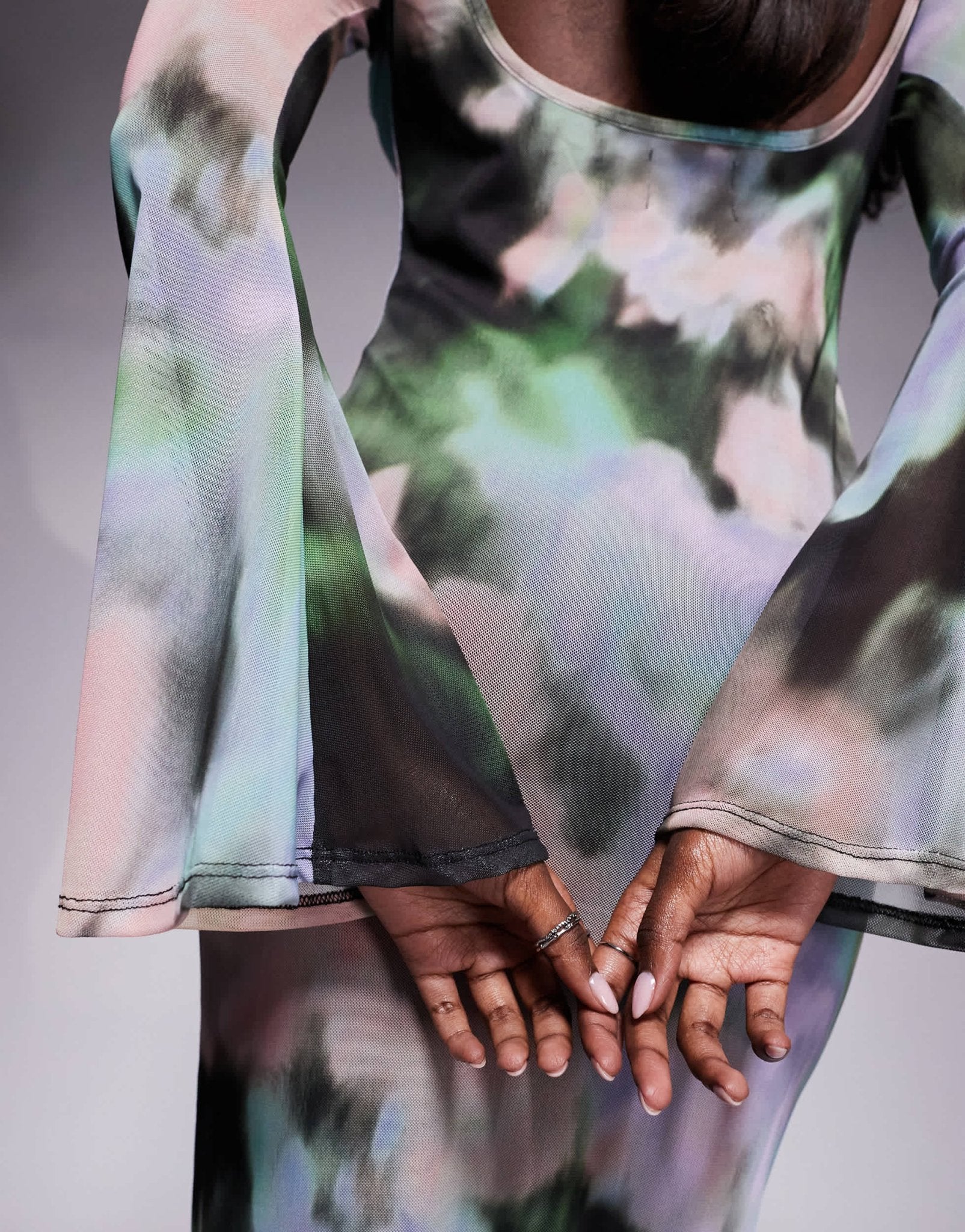 ASOS DESIGN low back floral mesh maxi dress with angel sleeves in green abstract print - ASOS Sample Sale EU Store