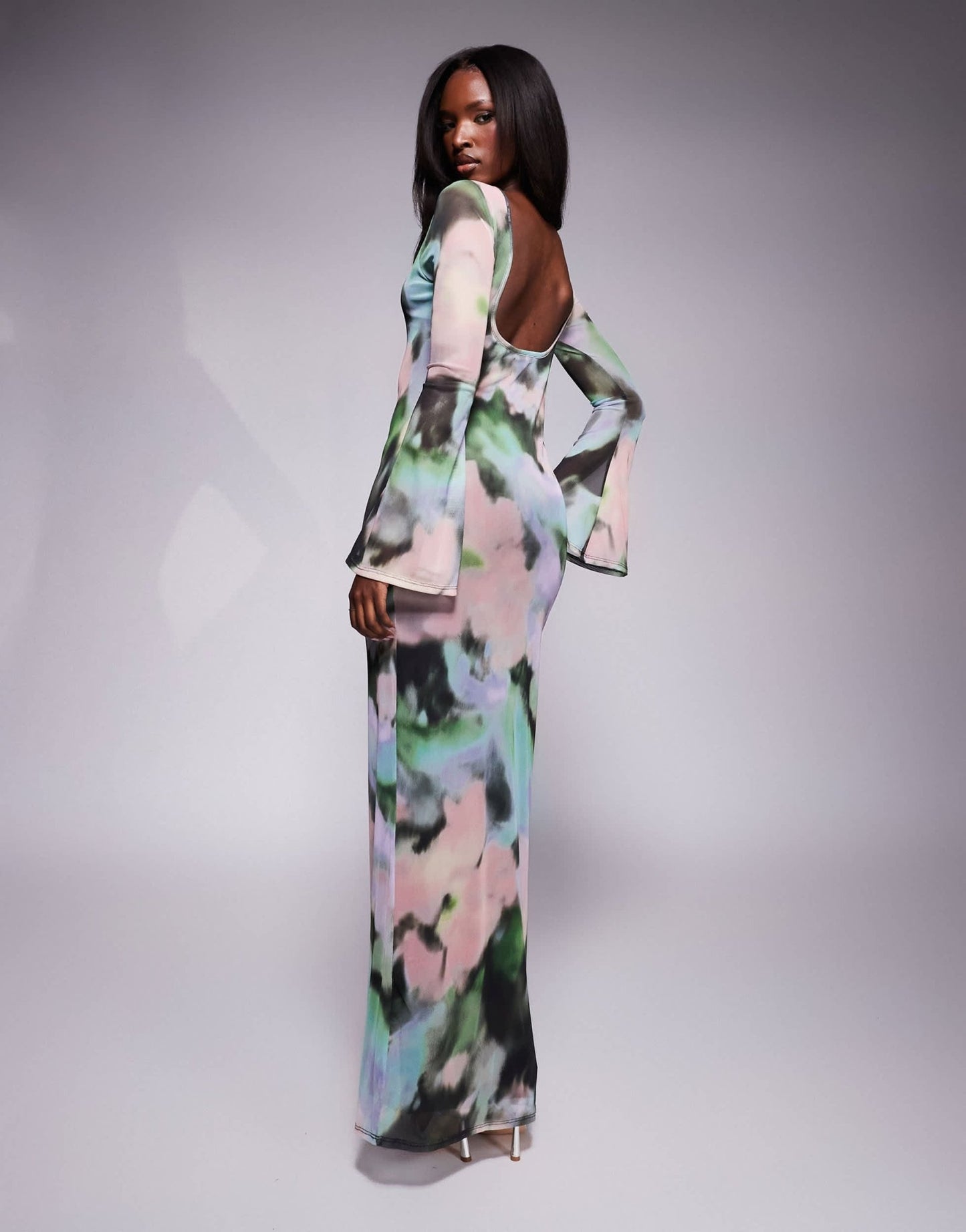 ASOS DESIGN low back floral mesh maxi dress with angel sleeves in green abstract print - ASOS Sample Sale EU Store