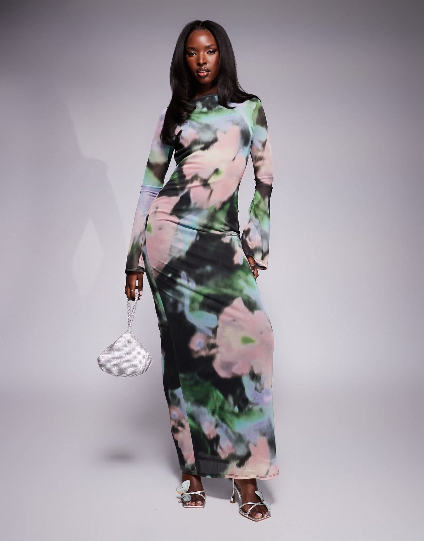 ASOS DESIGN low back floral mesh maxi dress with angel sleeves in green abstract print - ASOS Sample Sale EU Store