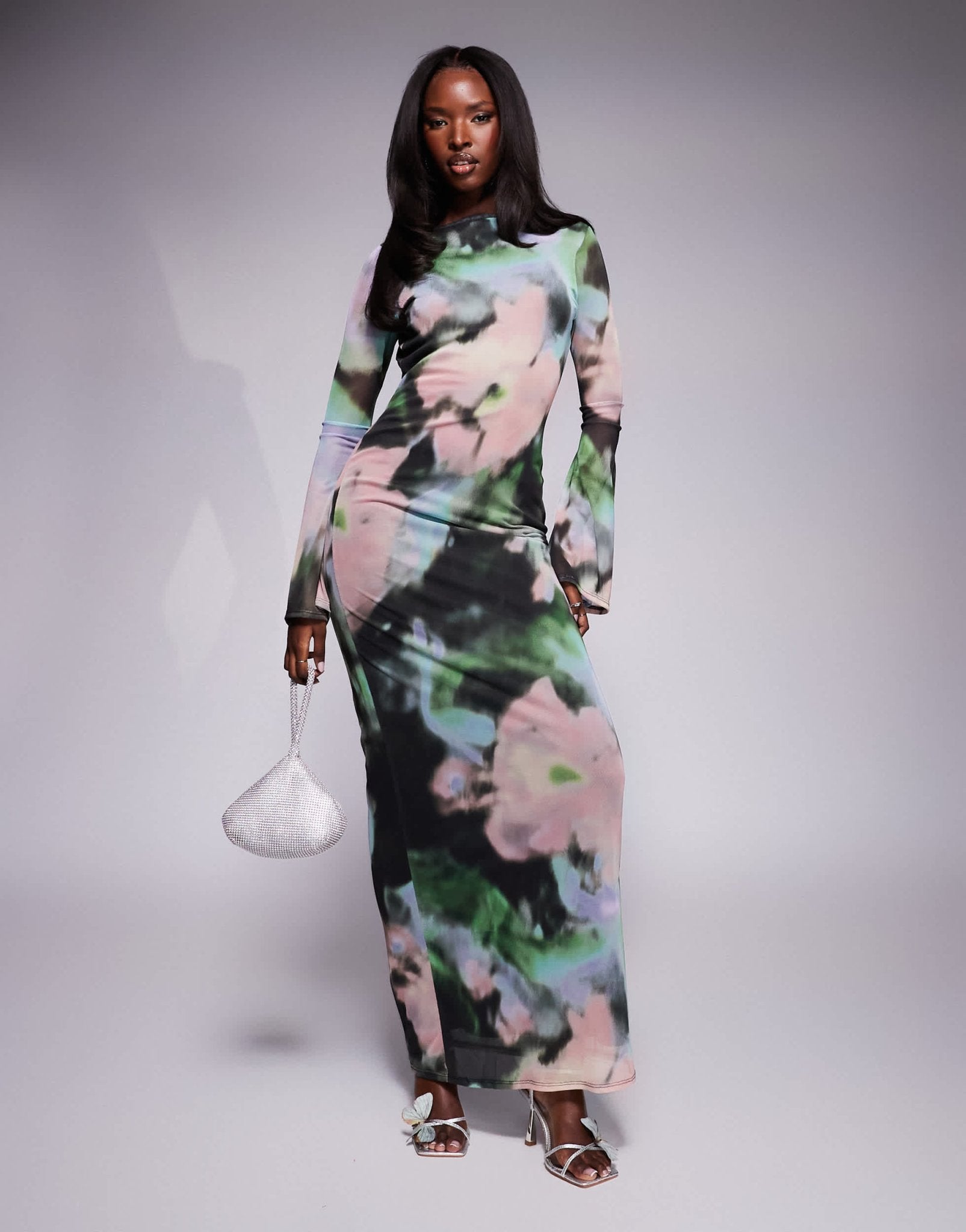 ASOS DESIGN low back floral mesh maxi dress with angel sleeves in green abstract print - ASOS Sample Sale EU Store