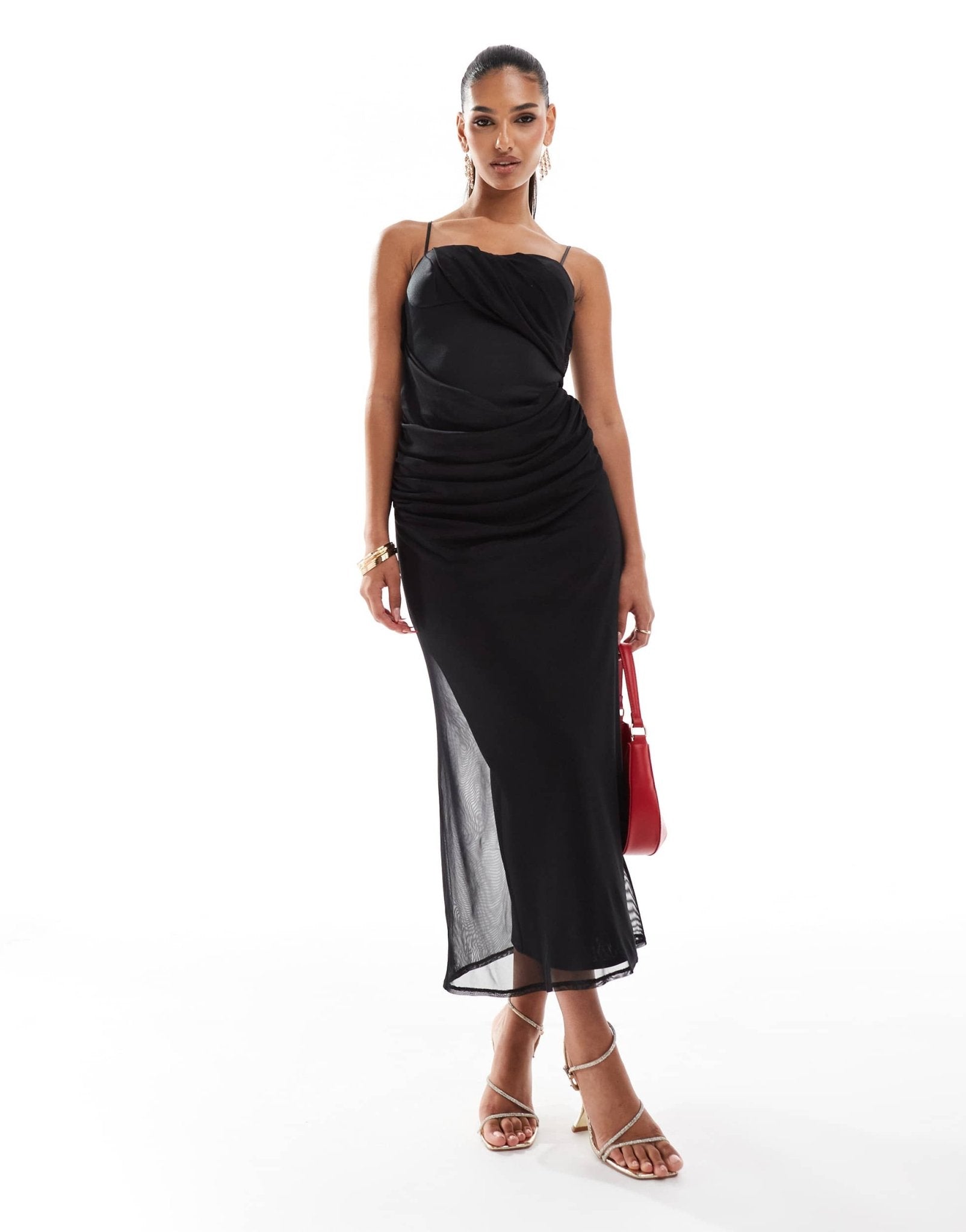 ASOS DESIGN manipulated mesh overlay midi dress with cami straps in black - ASOS Sample Sale EU Store
