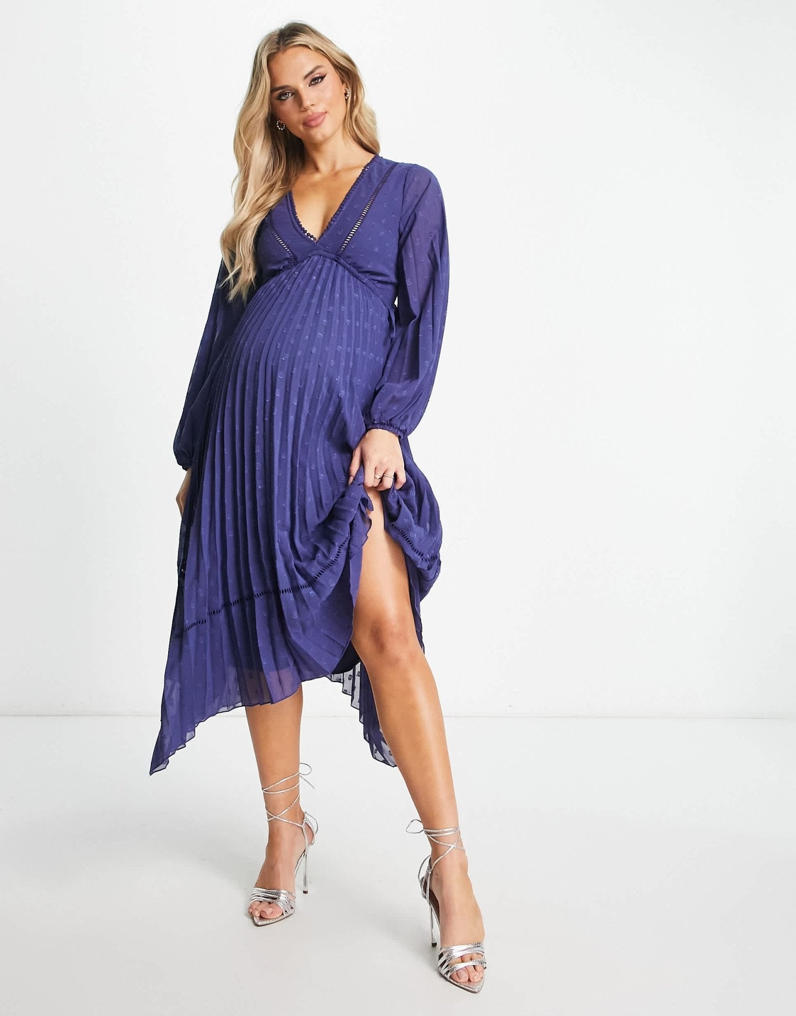 ASOS DESIGN Maternity v front trim detail pleated dobby midi dress in navy - ASOS Sample Sale EU Store