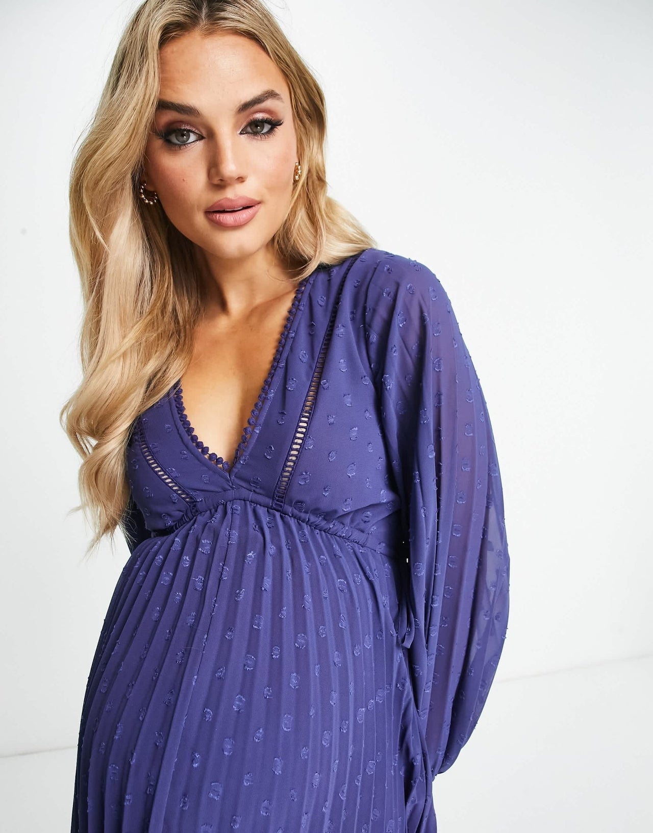 ASOS DESIGN Maternity v front trim detail pleated dobby midi dress in navy - ASOS Sample Sale EU Store