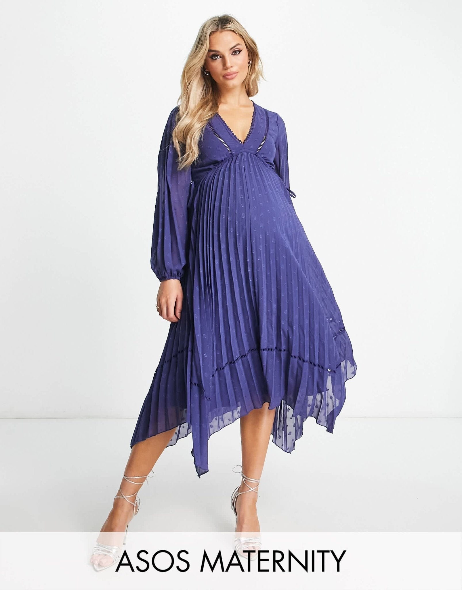 ASOS DESIGN Maternity v front trim detail pleated dobby midi dress in navy - ASOS Sample Sale EU Store