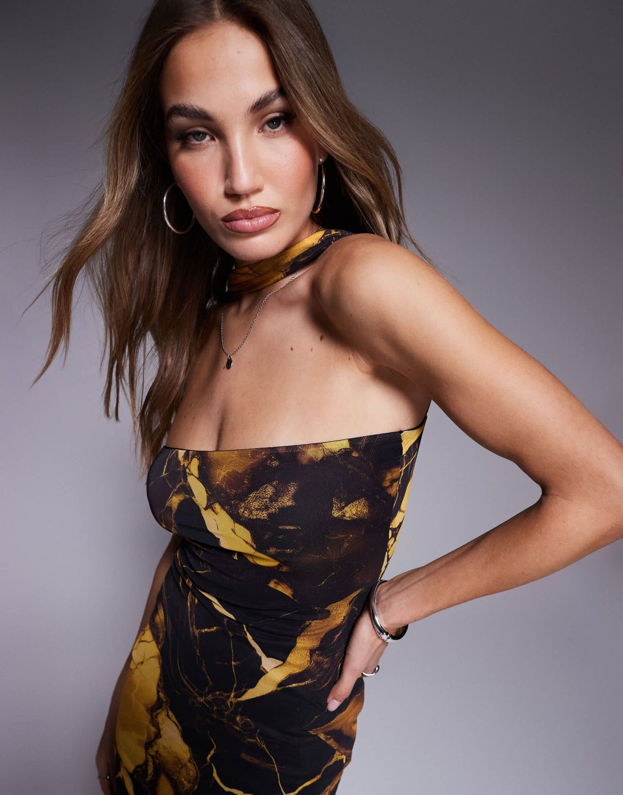 ASOS DESIGN mesh bandeau maxi dress with neck tie detail in yellow marble print - ASOS Sample Sale EU Store