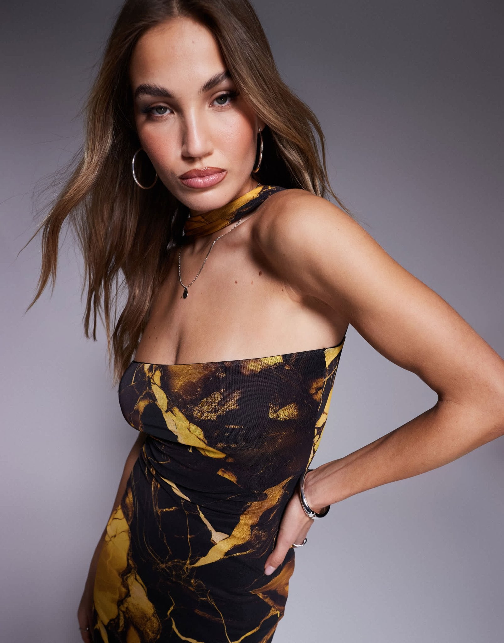 ASOS DESIGN mesh bandeau maxi dress with neck tie detail in yellow marble print - ASOS Sample Sale EU Store