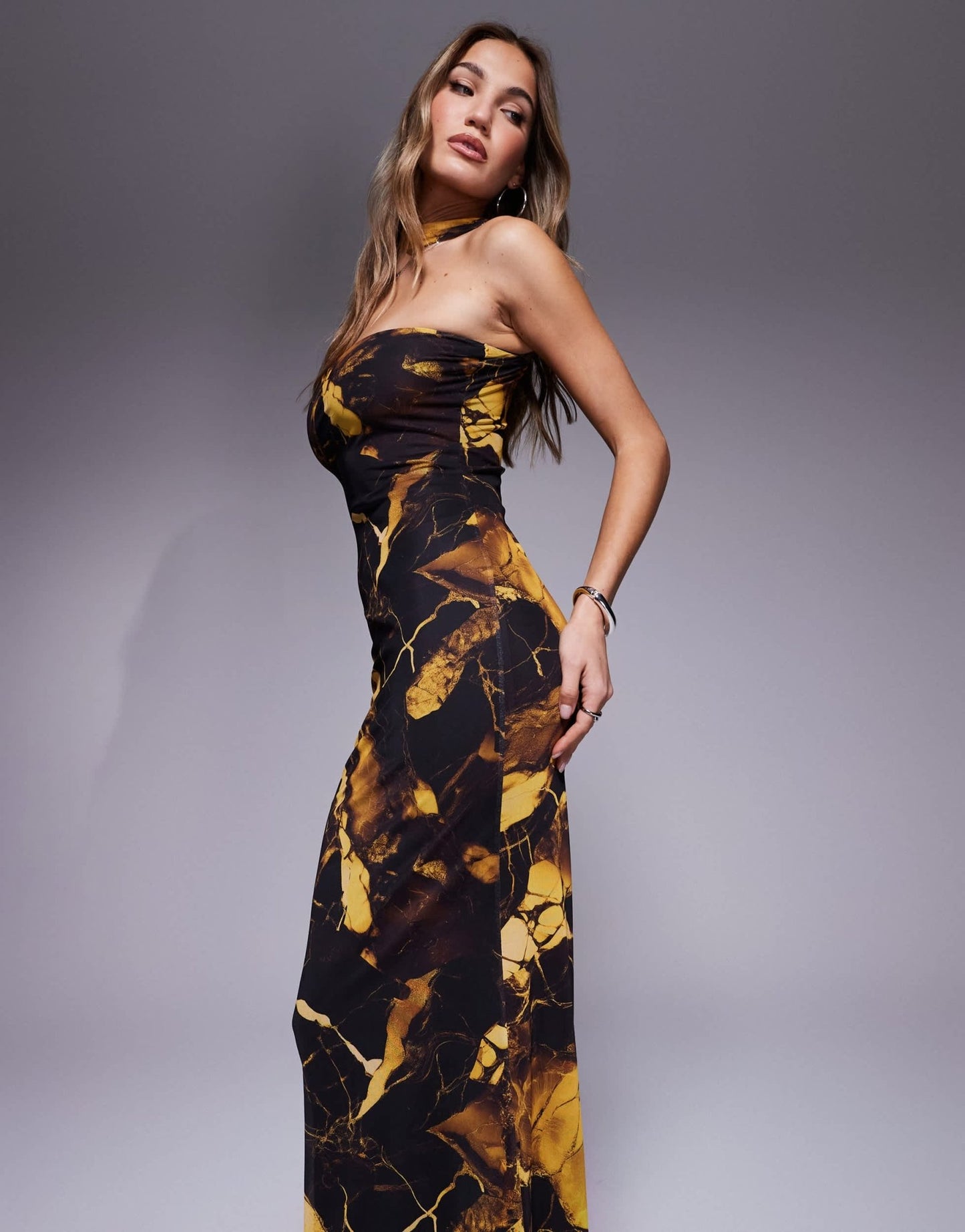 ASOS DESIGN mesh bandeau maxi dress with neck tie detail in yellow marble print - ASOS Sample Sale EU Store