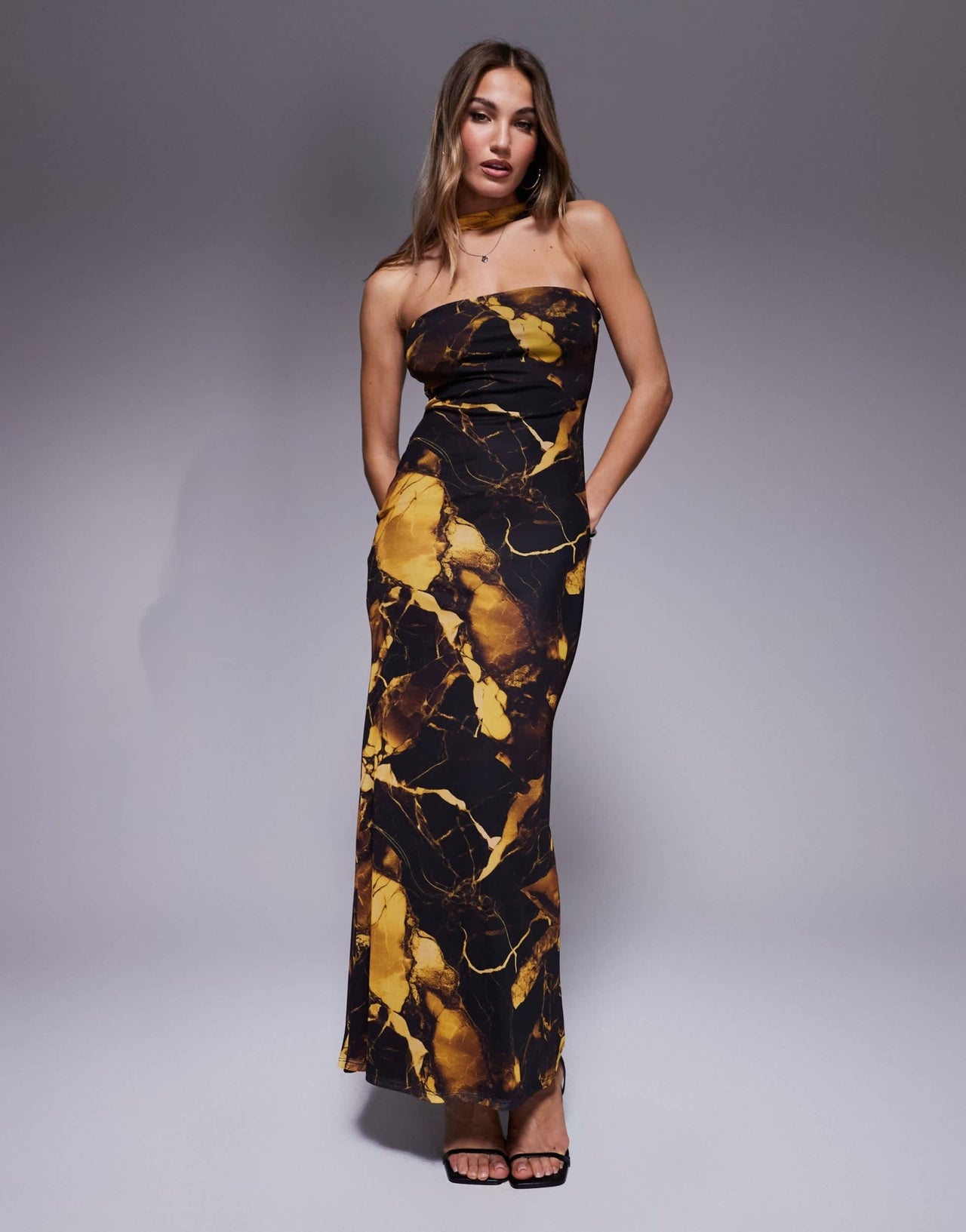 ASOS DESIGN mesh bandeau maxi dress with neck tie detail in yellow marble print - ASOS Sample Sale EU Store