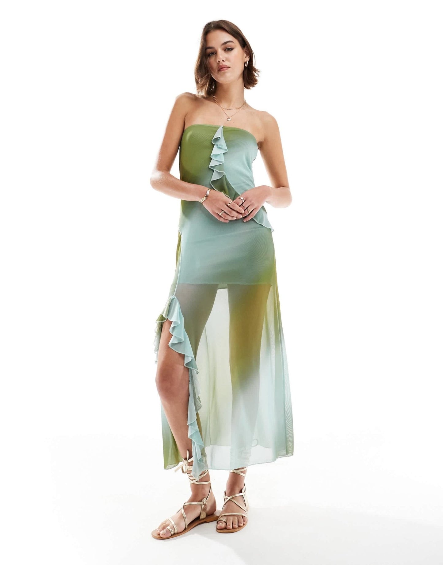 ASOS DESIGN mesh bandeau midi dress with frill detail in ombre print - ASOS Sample Sale EU Store