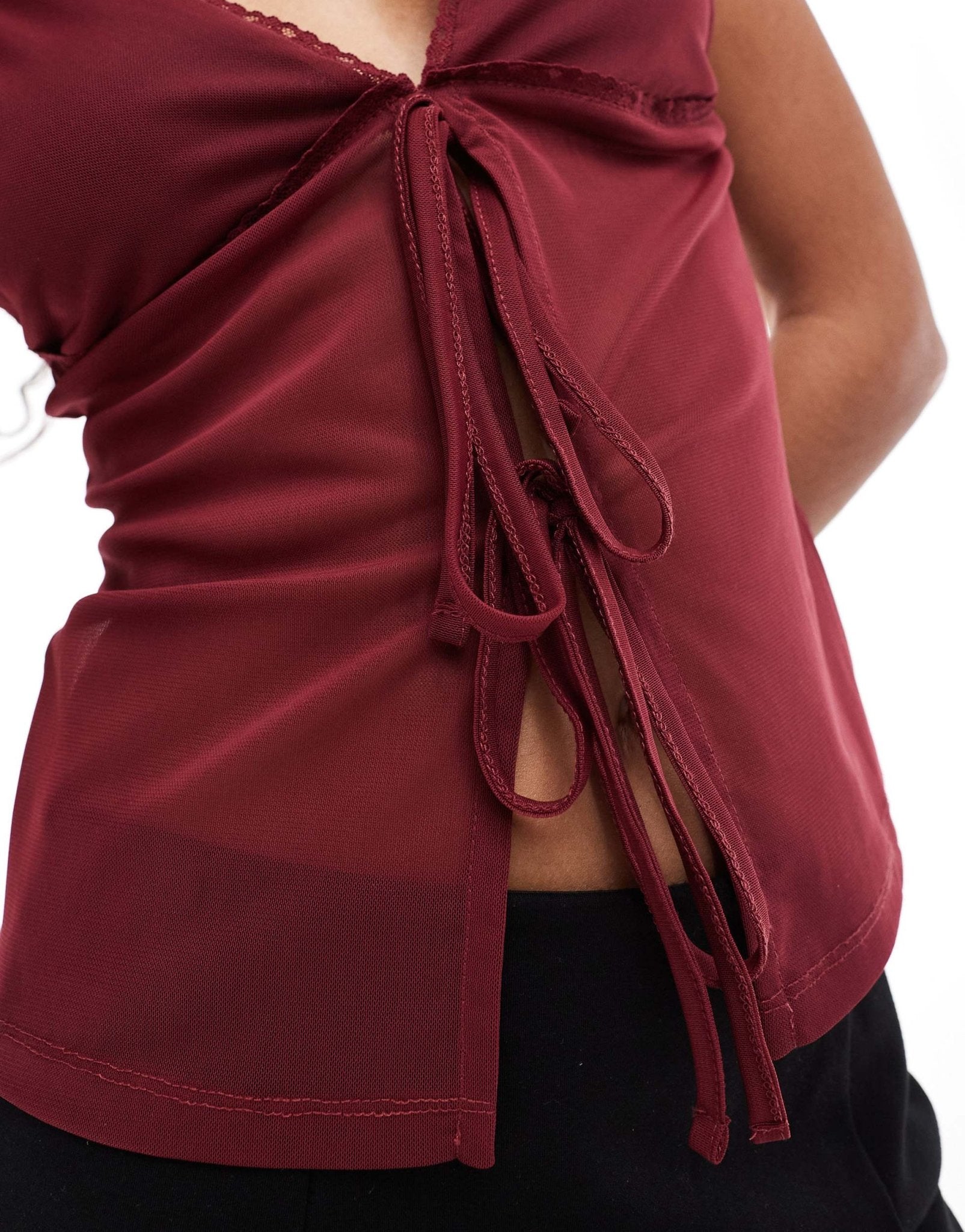 ASOS DESIGN mesh cami top with lace detail in burgundy - ASOS Sample Sale EU Store