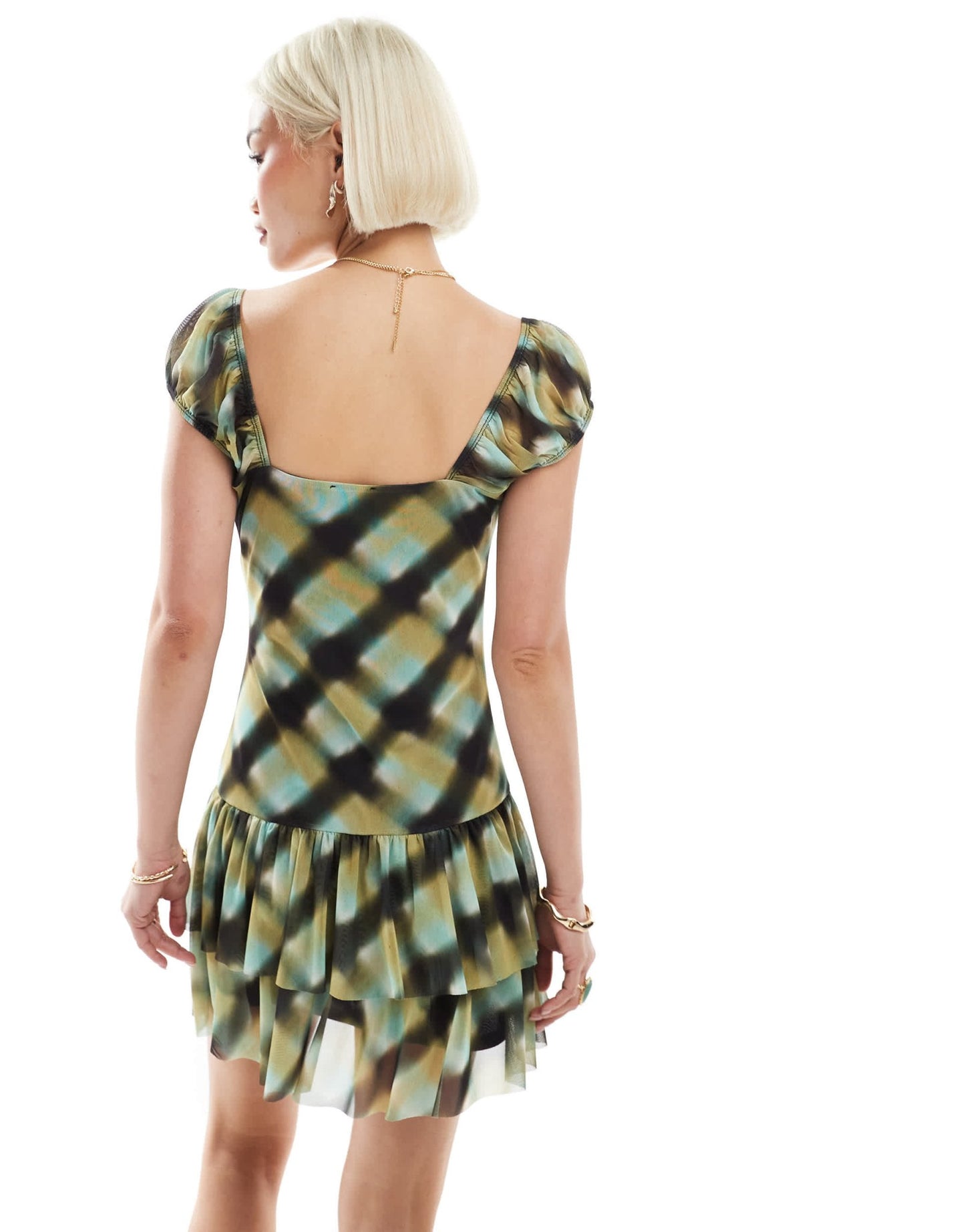 ASOS DESIGN mesh cap sleeve ruffle skirt mini dress in check print - ASOS Sample Sale EU Store