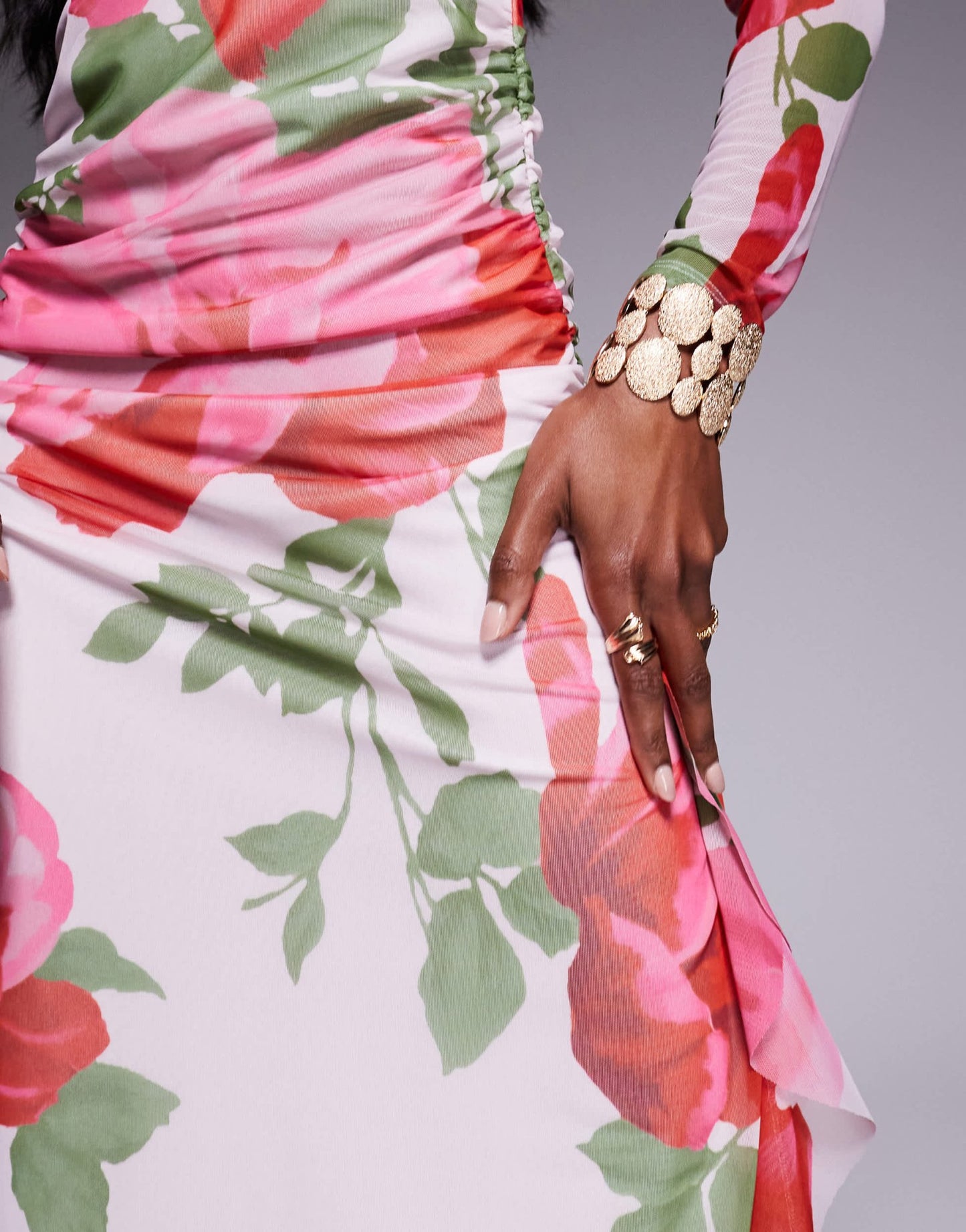 ASOS DESIGN mesh long sleeve frill detail a line maxi dress in pink floral print - ASOS Sample Sale EU Store