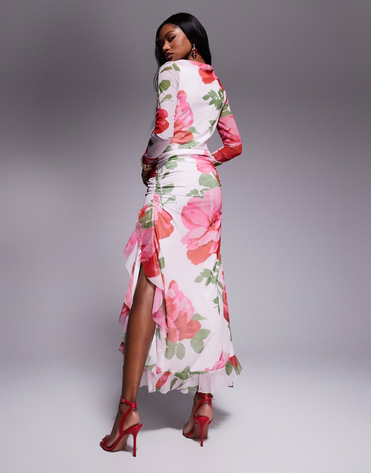 ASOS DESIGN mesh long sleeve frill detail a line maxi dress in pink floral print - ASOS Sample Sale EU Store