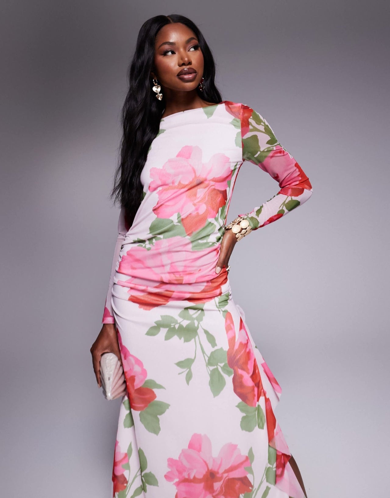 ASOS DESIGN mesh long sleeve frill detail a line maxi dress in pink floral print - ASOS Sample Sale EU Store
