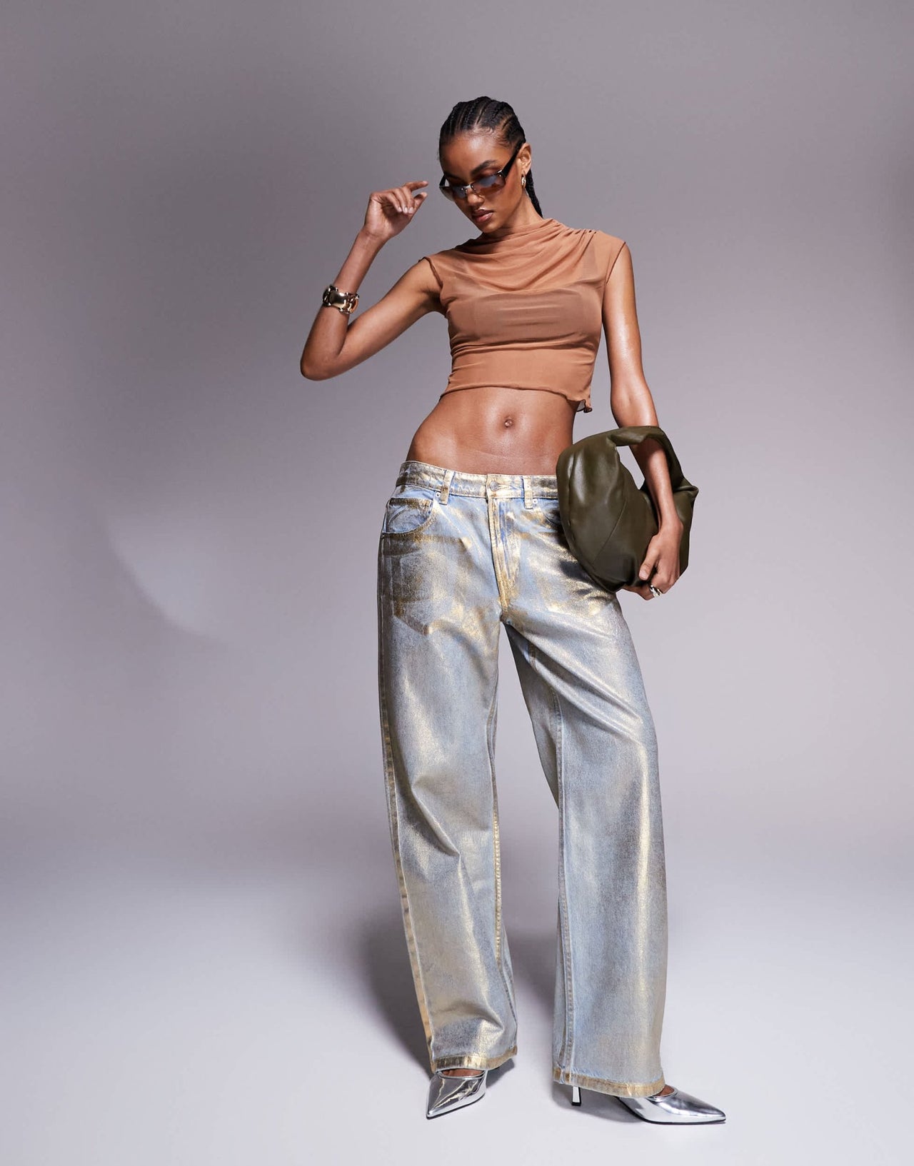 ASOS DESIGN mesh overlay top with bralet detail in caramel - ASOS Sample Sale EU Store