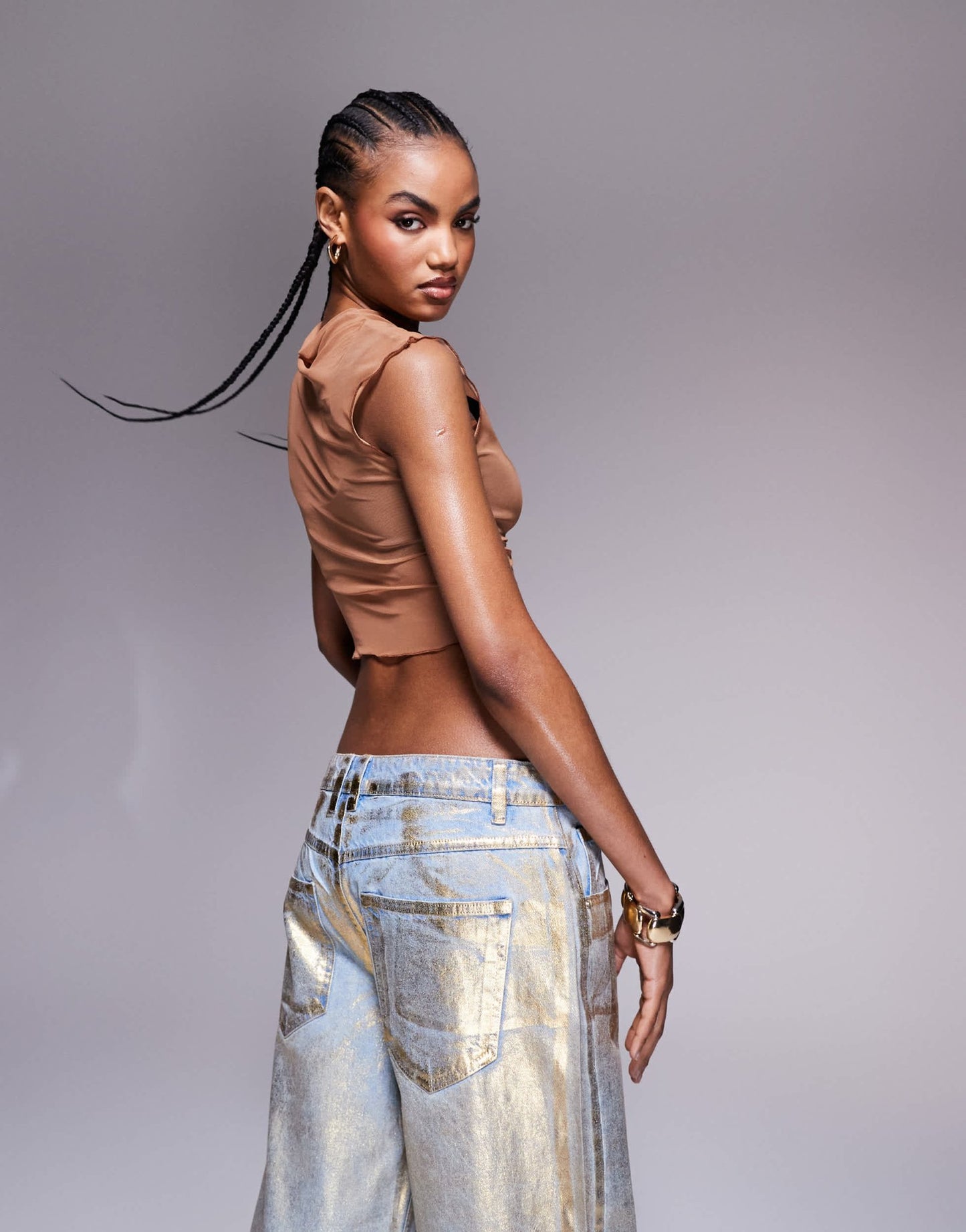 ASOS DESIGN mesh overlay top with bralet detail in caramel - ASOS Sample Sale EU Store