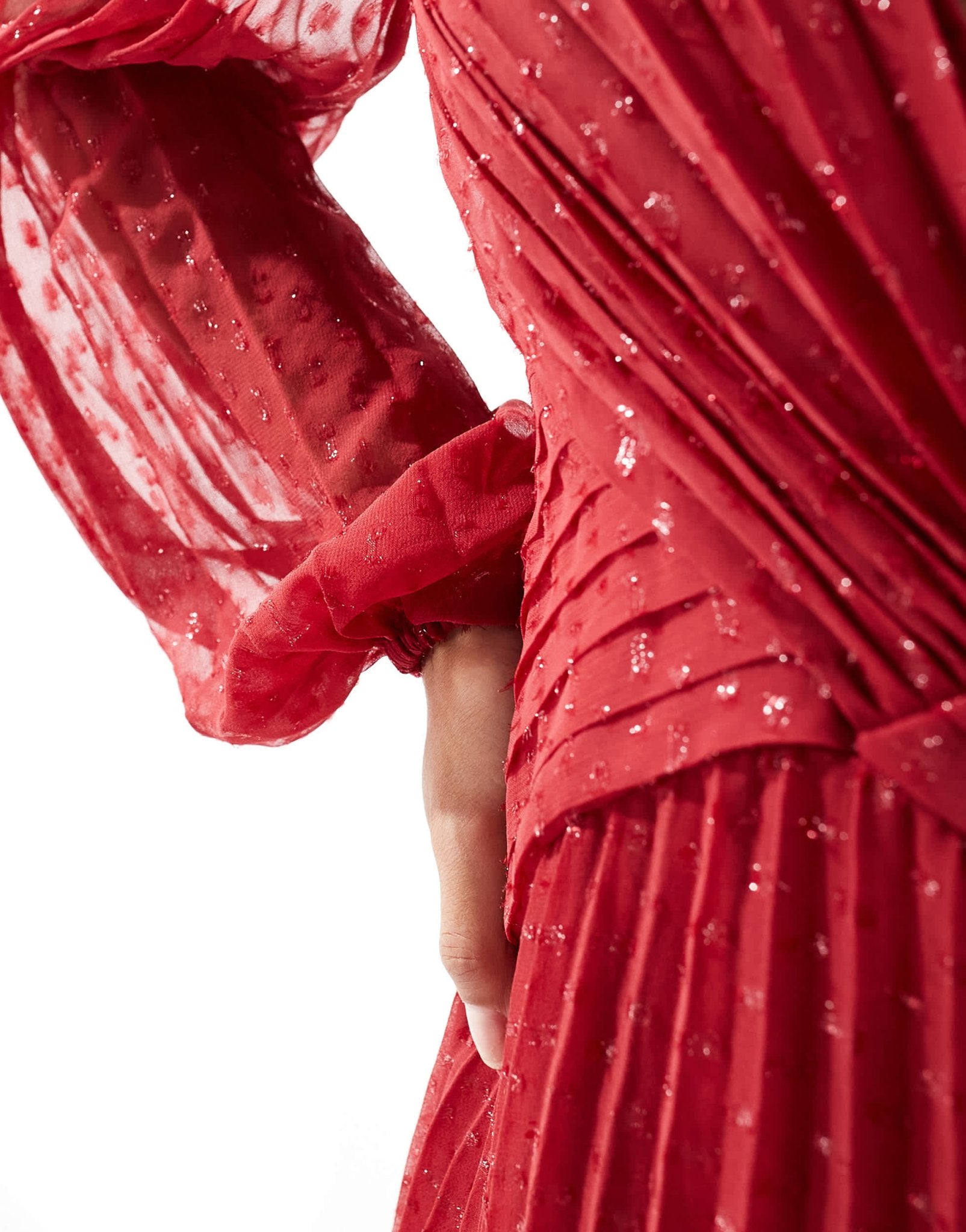 ASOS DESIGN metallic dobby long sleeve deep plunge wrap pleated mini dress in berry red - ASOS Sample Sale EU Store