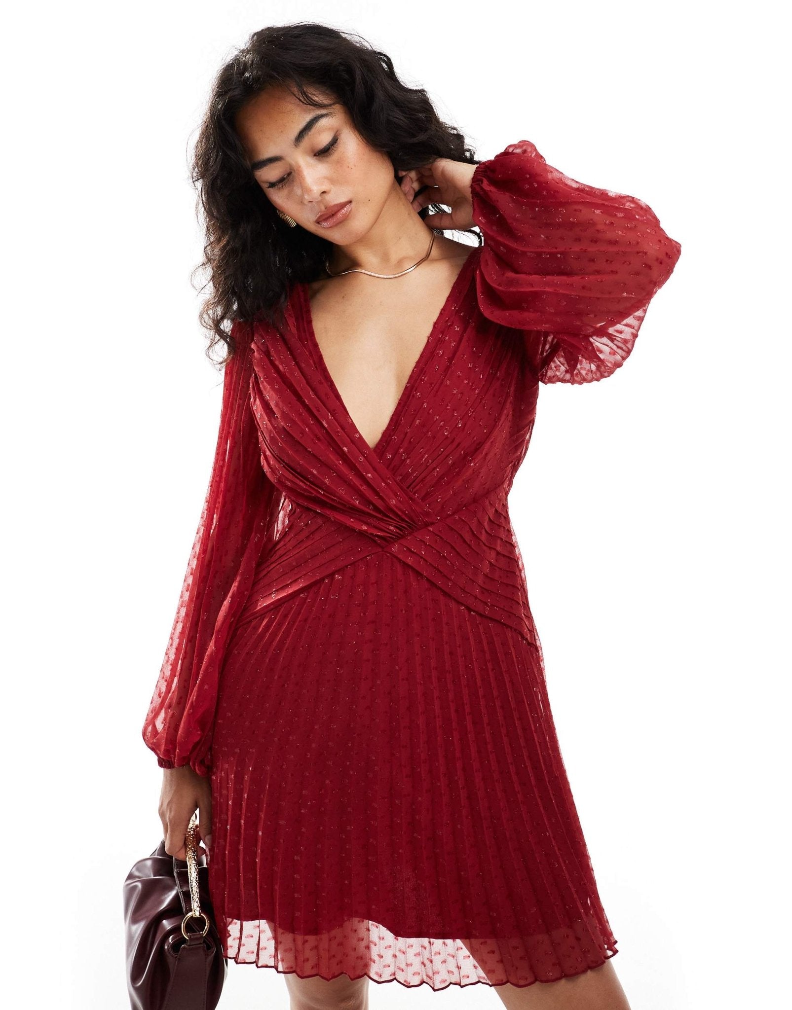 ASOS DESIGN metallic dobby long sleeve deep plunge wrap pleated mini dress in berry red - ASOS Sample Sale EU Store