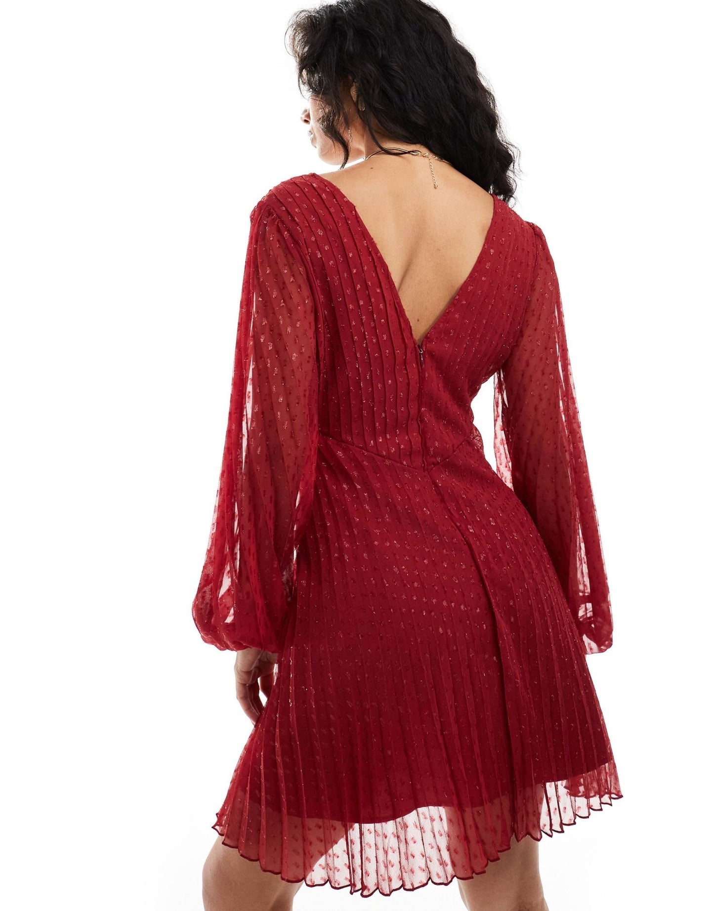 ASOS DESIGN metallic dobby long sleeve deep plunge wrap pleated mini dress in berry red - ASOS Sample Sale EU Store