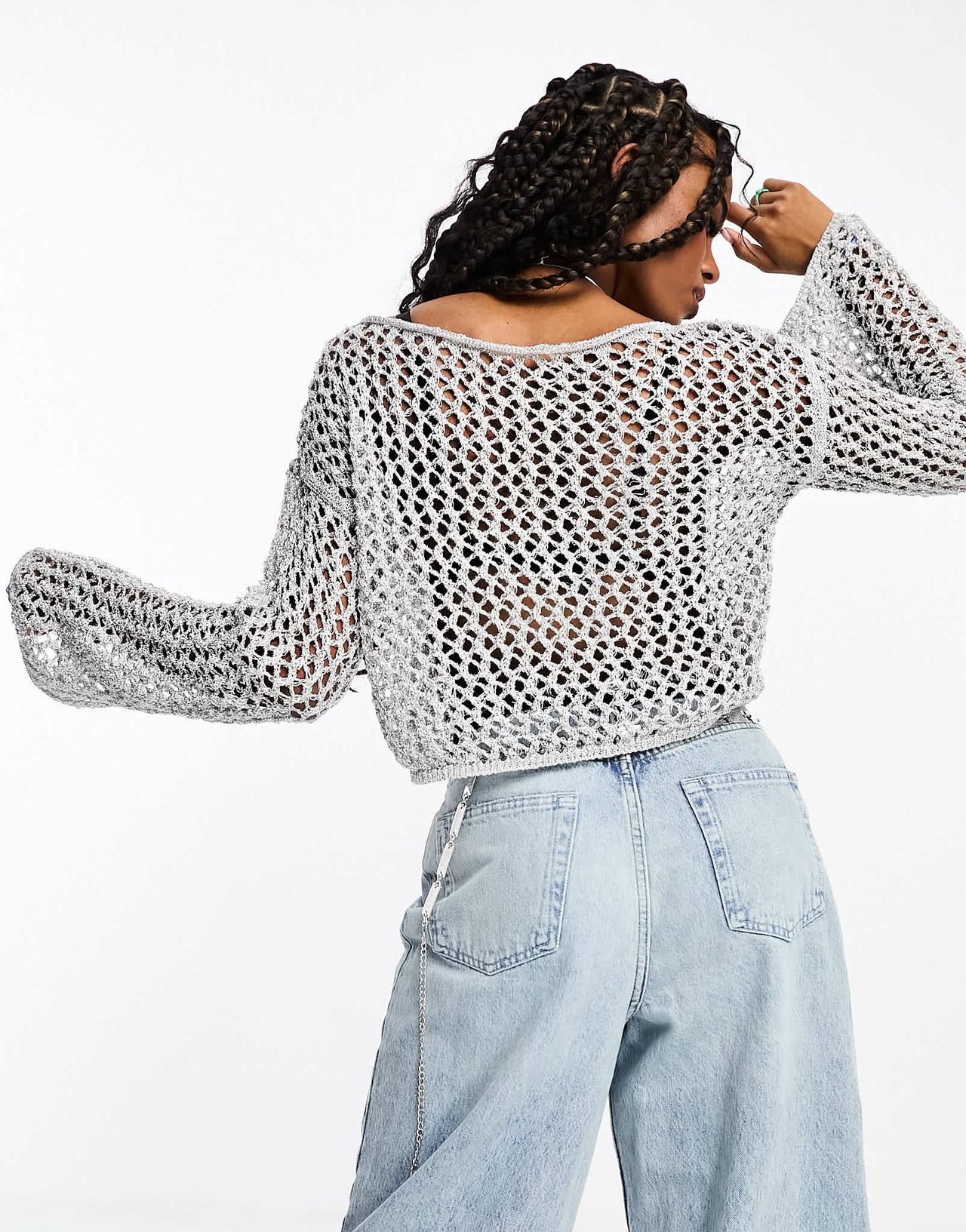 ASOS DESIGN metallic open knit slash knit top with angel sleeves in silver - ASOS Sample Sale EU Store