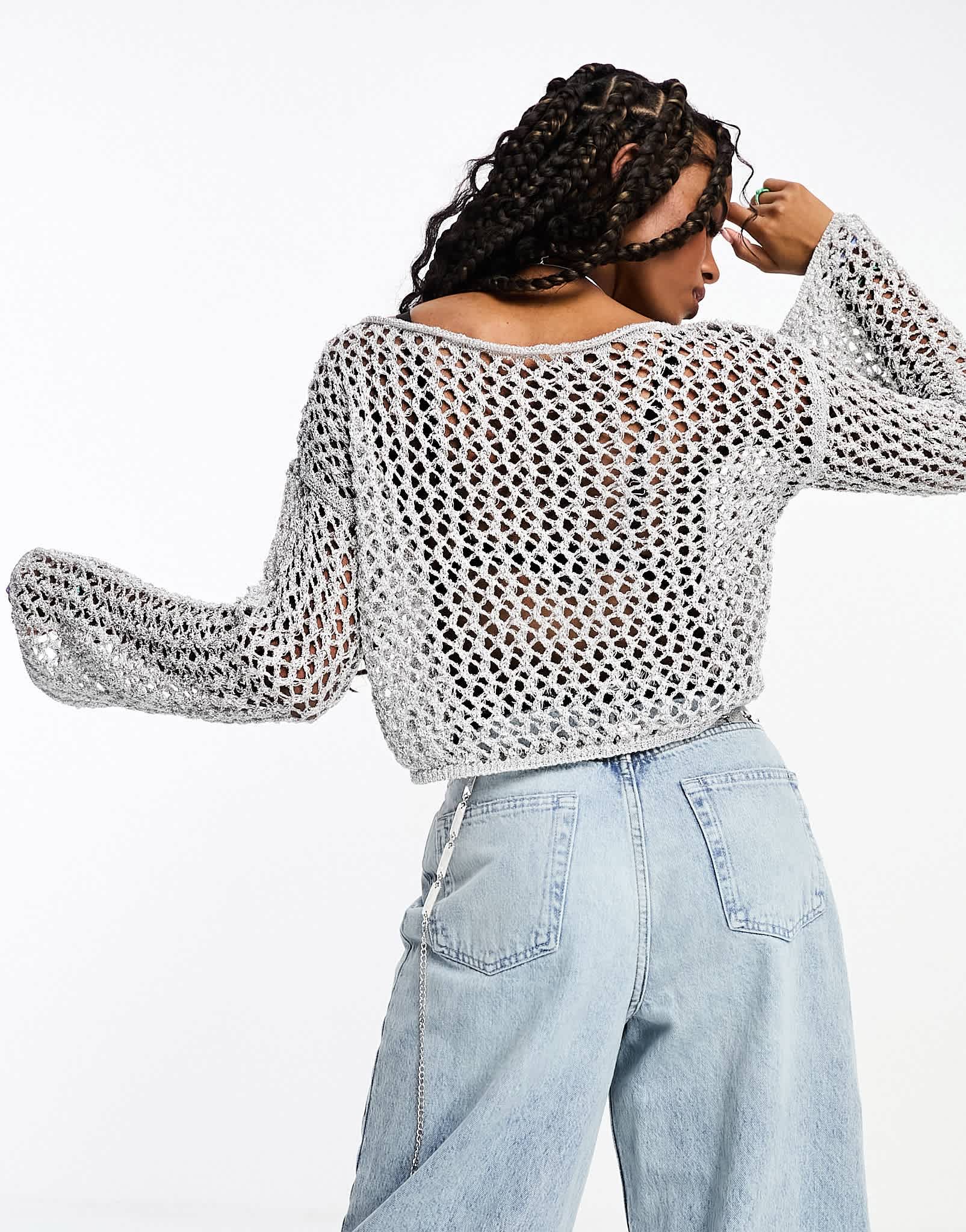 ASOS DESIGN metallic open knit slash knit top with angel sleeves in silver - ASOS Sample Sale EU Store
